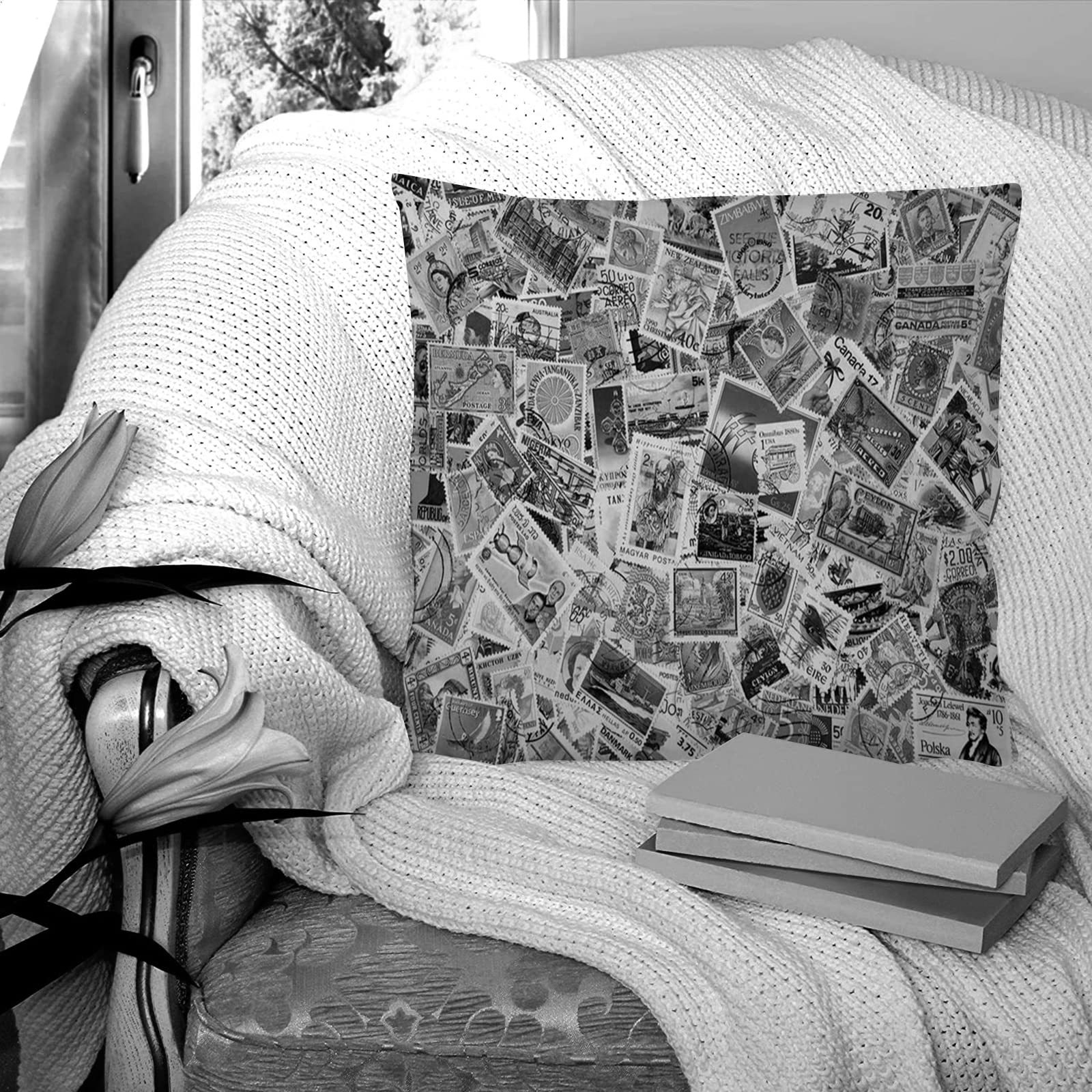 Cushion Covers 45x45 cm, Polyester Square Throw Pillow Cases,Postage Stamp, Cushion Cover for Sofa Couch Bedroom with Invisible Zipper, 18x18 Inches