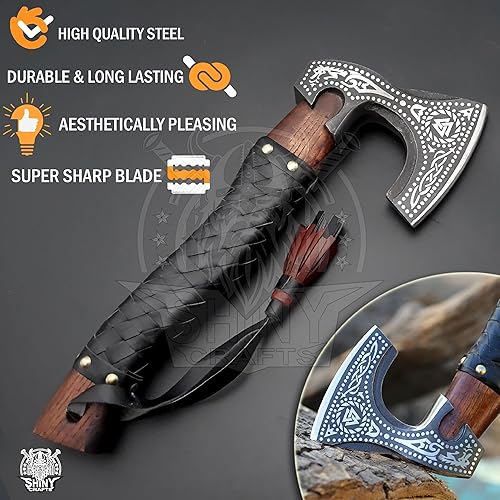 Miniatura 3 de SHINY CRAFTS - Hacha vikinga barbuda, hacha de madera de valknut para regalo de cumpleaños, hacha vikinga real, hacha barbuda, hacha real,