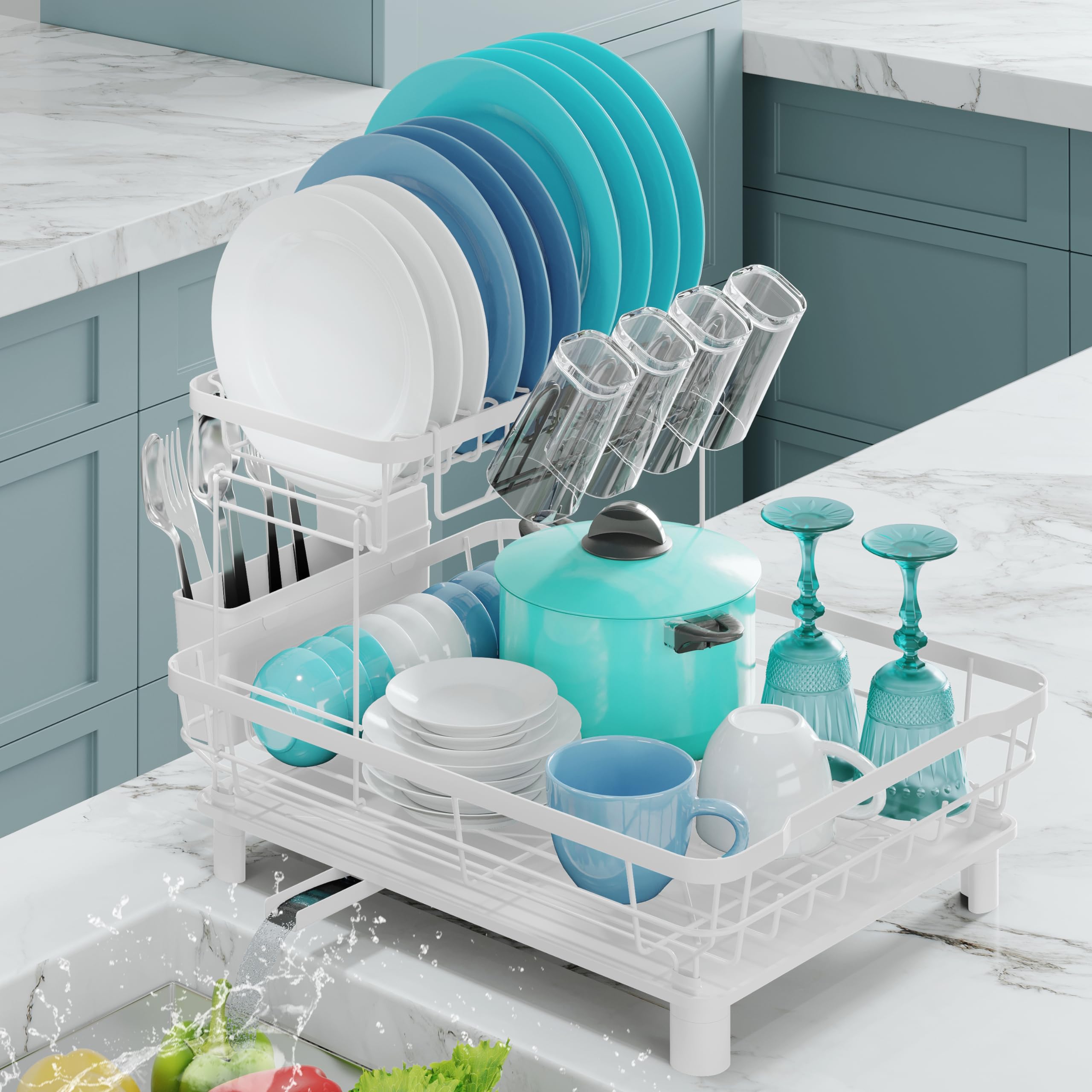 Escurreplatos sobre Fregadero Acero Inoxidable de 2 Pisos, Gran Capacidad con Bandeja ANTIGOTEO + Caño de Drenaje y Guarda Cubiertos - Escurridor de Platos Dish Rack Escurre Platos (Blanco)