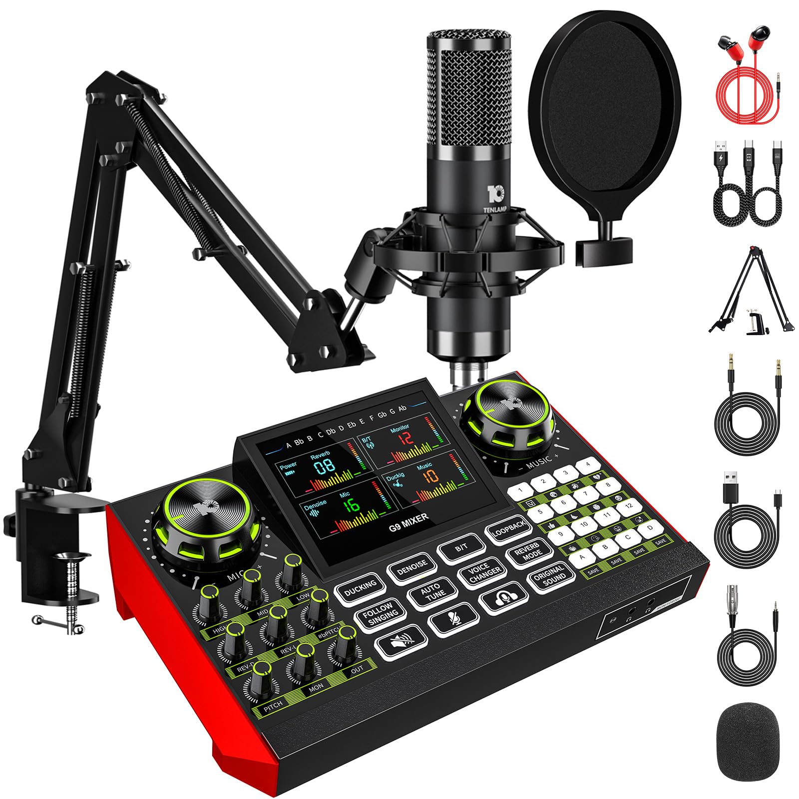 G9 Podcast Equipment Bundle,Audio Mixer Sound Board Live Sound Card,Podcast Microphone Bundle with 3.5mm Condenser Mic for PC &amp; Phone,Podcasting,Live Streaming,Singing,Gaming,Voice Changer,Dj Set