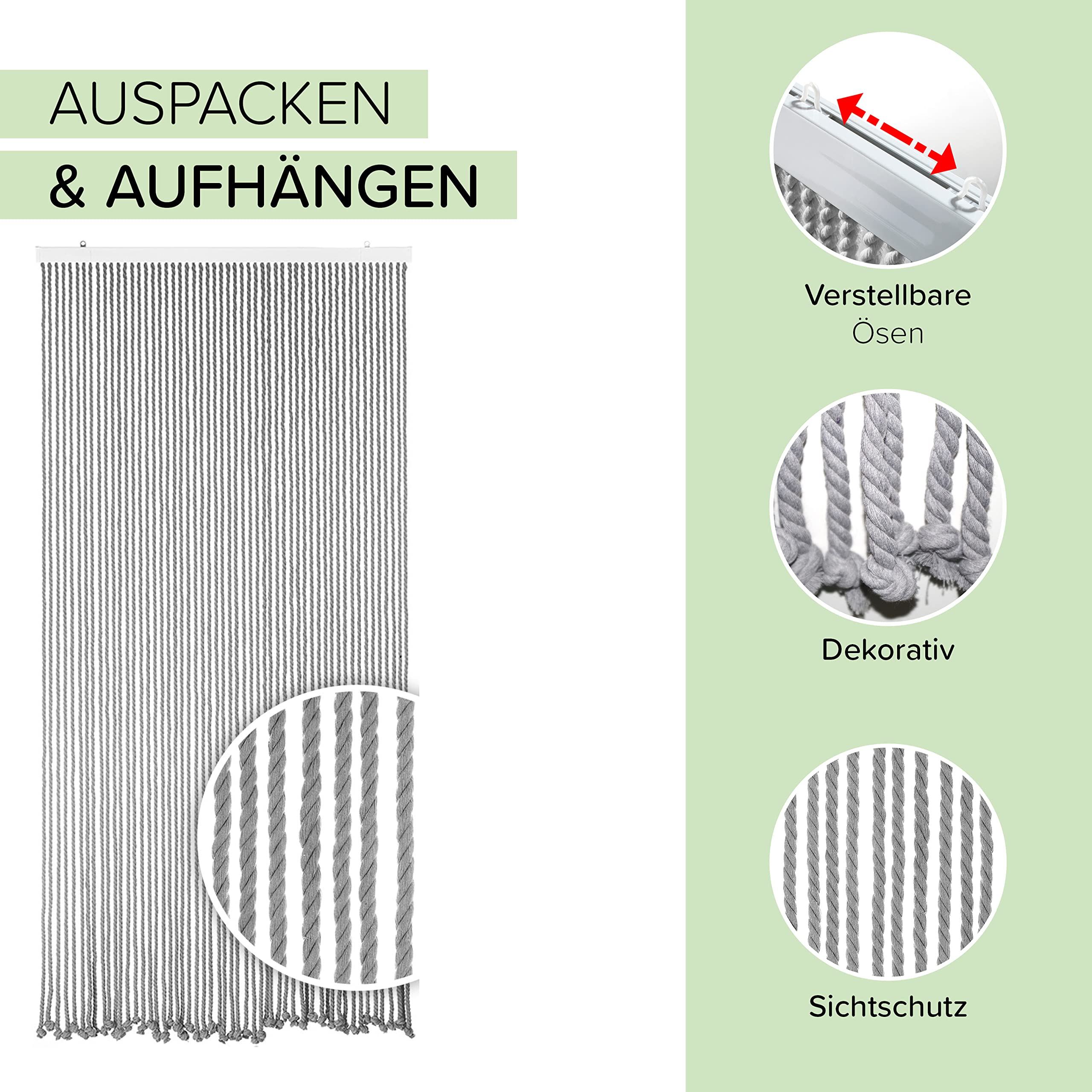 Kobolo Seilvorhang Grey, 90x195/200 cm, 54 Stränge, Grauer Türvorhang aus Baumwollseil, dekorativer Fliegenvorhang, Raumteiler oder Türdeko für den Innenbereich