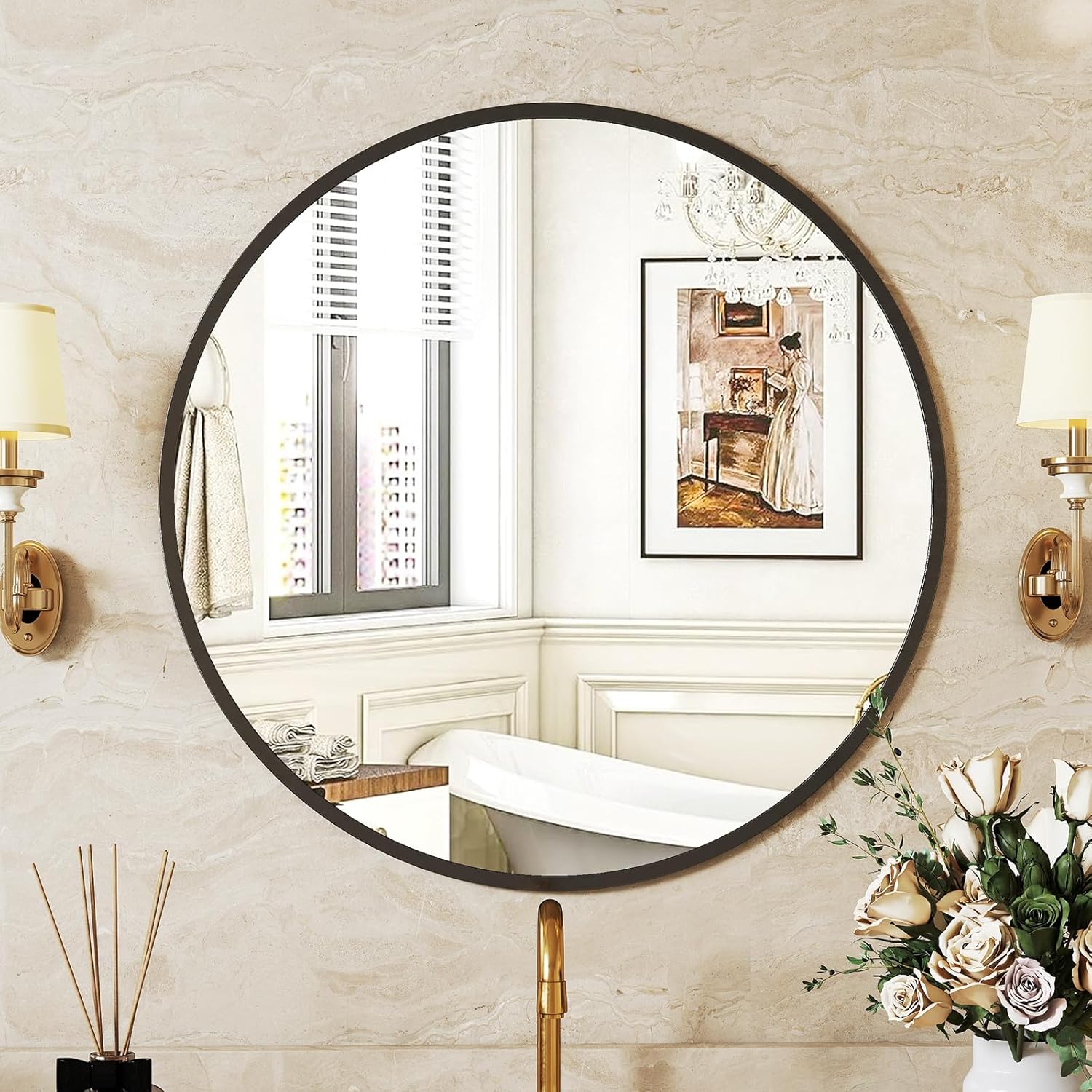 Sweetcrispy 20-inch Black Round Wall Mirror, Circle Bathroom Mirrors with Metal Frame, Wall-Mounted Mirrors for Living Room, Bathroom, Entryway