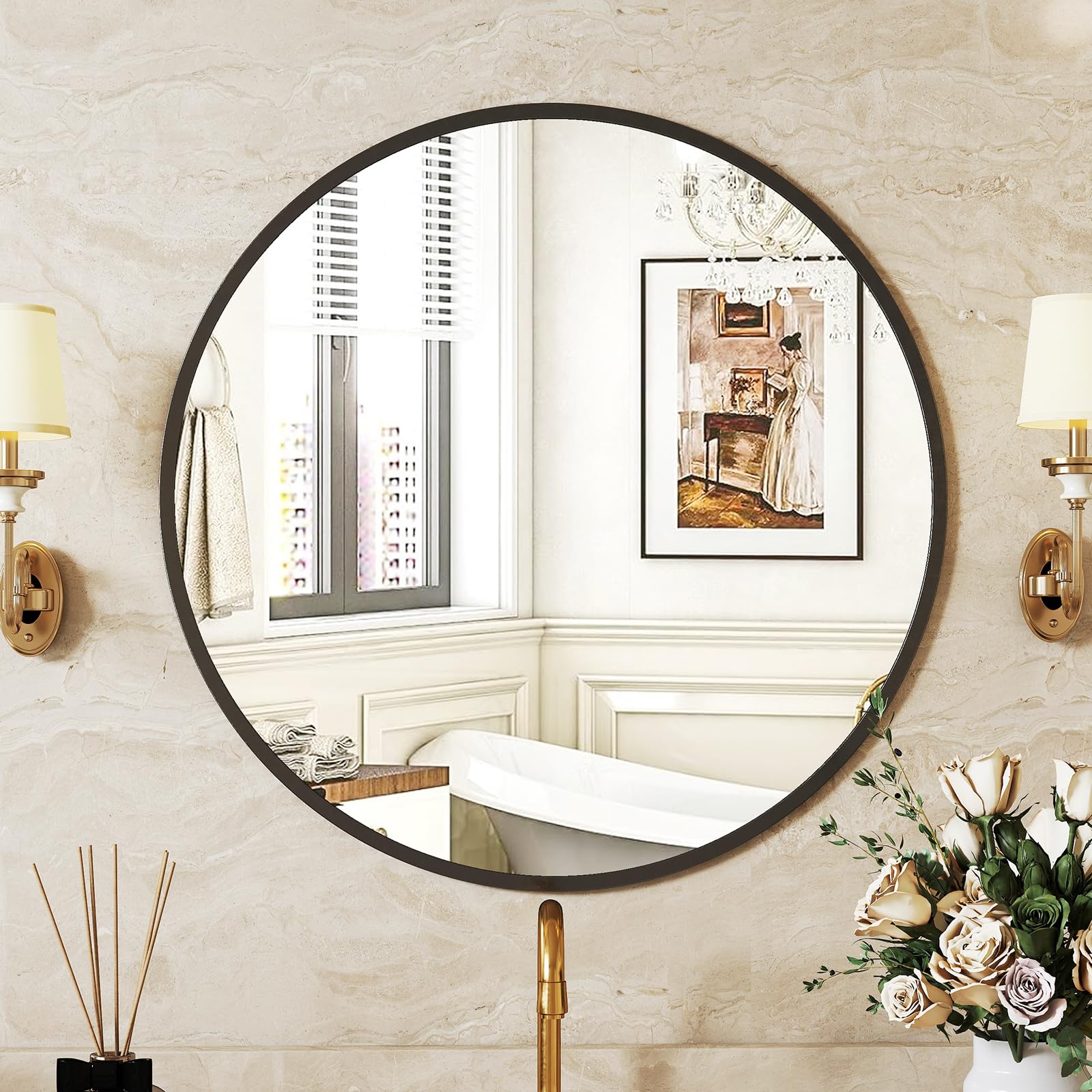Sweetcrispy 20-inch Black Round Wall Mirror, Circle Bathroom Mirrors with Metal Frame, Wall-Mounted Mirrors for Living Room, Bathroom, Entryway