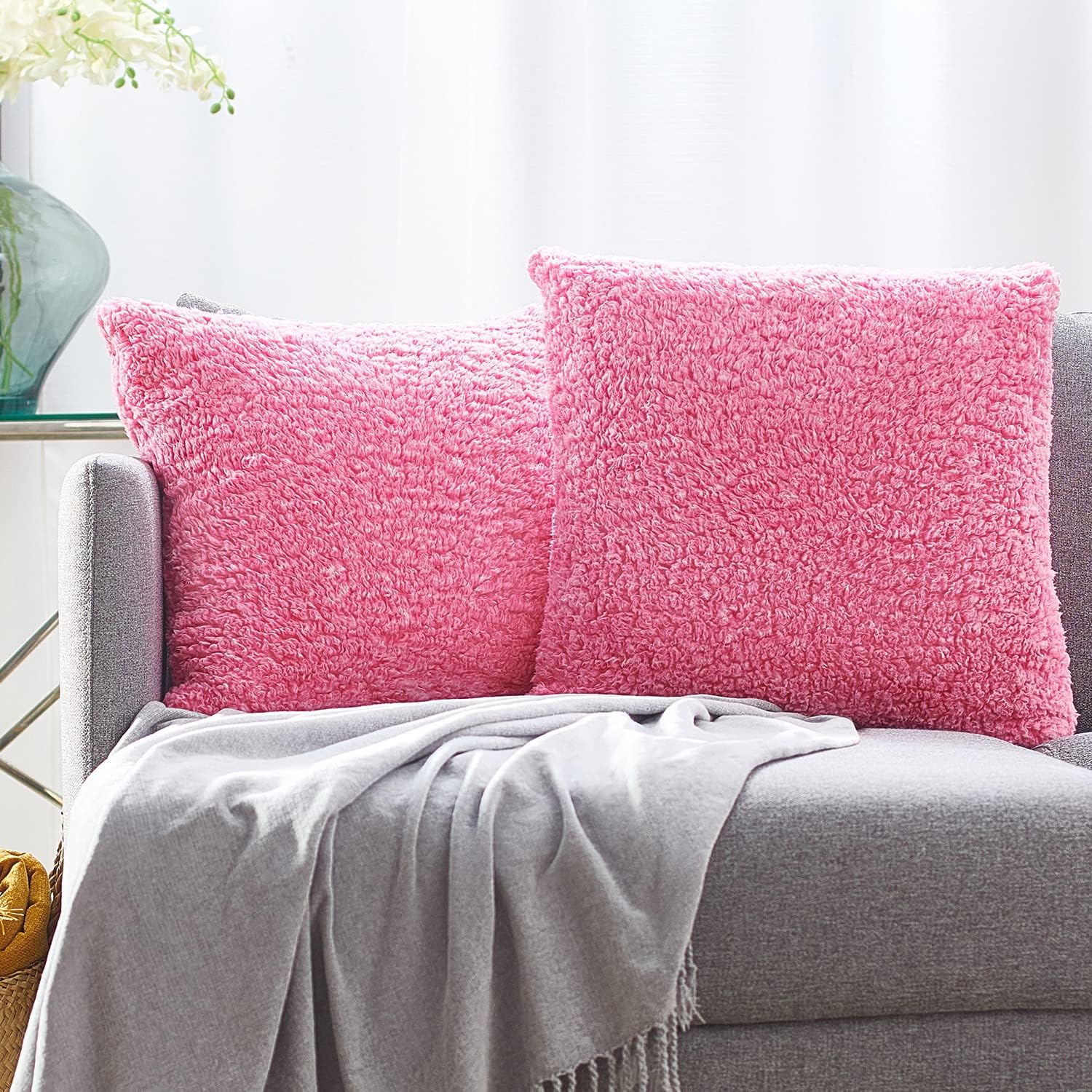 PAULEON Cushion Covers 2 Pack 45x45 cm Hot Pink Sherpa Melange