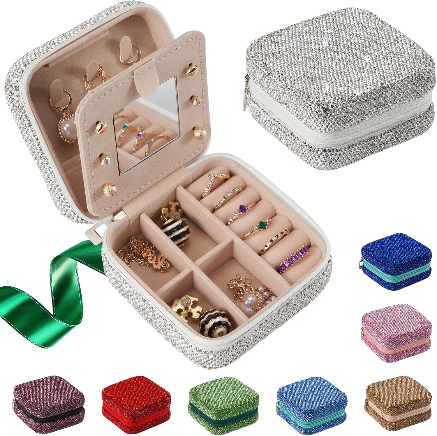 5000+ Crystals Jewelry Box, Luxury Travel Jewelry Organizer with Mirror, 8 Colors Elegant Gift for Women, Bridesmaid, Wife, Mom - Perfect for Wedding, Birthday, Anniversary(Red)