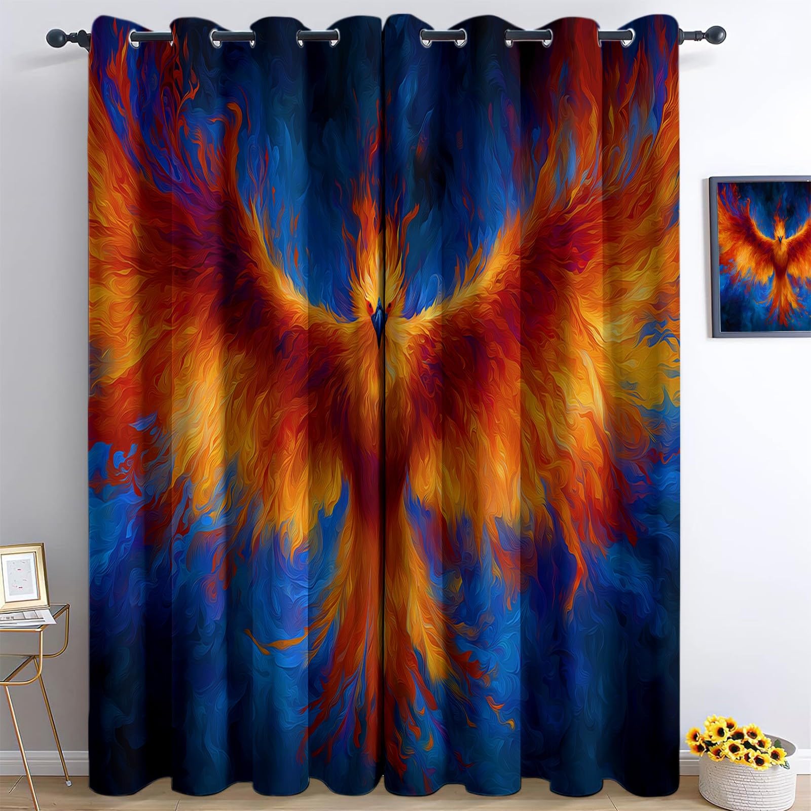 Generico 110 x 215 cm zestaw 2 paneli zasłon do wnętrz, anime płomień feniks matowa zasłona sypialnia salon zaciemniające izolacje, ciemnoniebieskie zasłony dla chłopców i dziewcząt