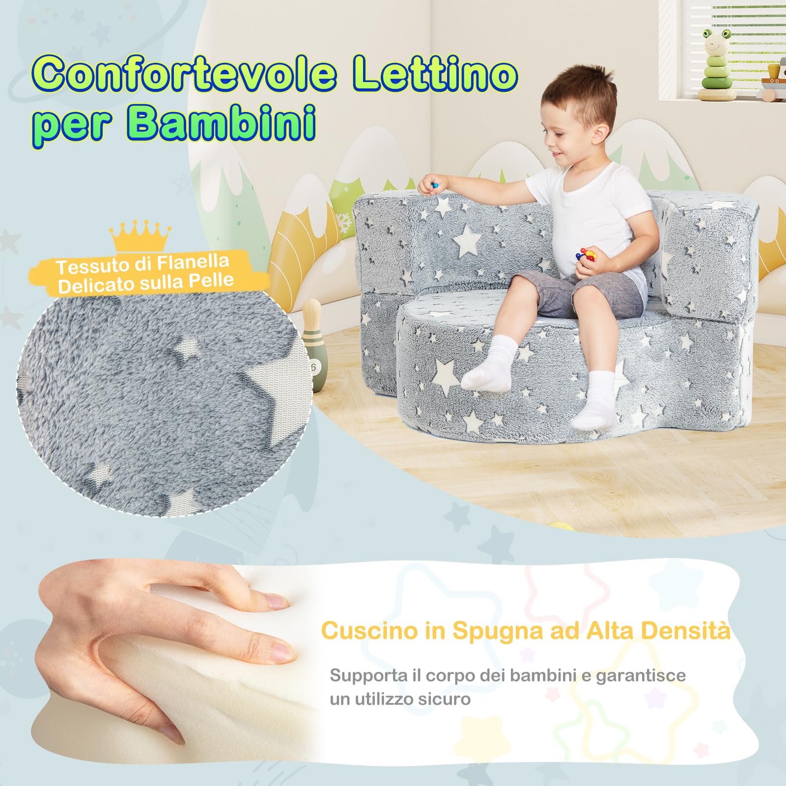 RELAX4LIFE Divano Luminoso per Bambini, Materasso 2-in-1 con Fodera Removibile e Lavabile, Cuscino in Spugna ad Alta Densità, Divano Convertibile per Soggiorno, Stanza dei Giochi, Bambini 3 + Anni