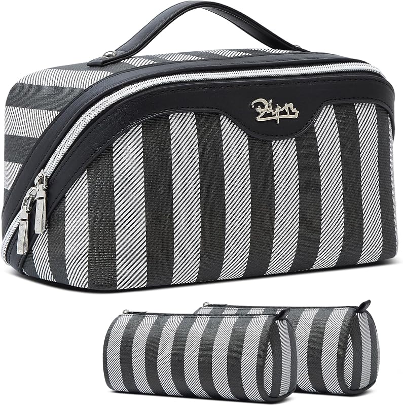 Necessaire de maquiagem BOYATU com 3 peças, listrada, preta
