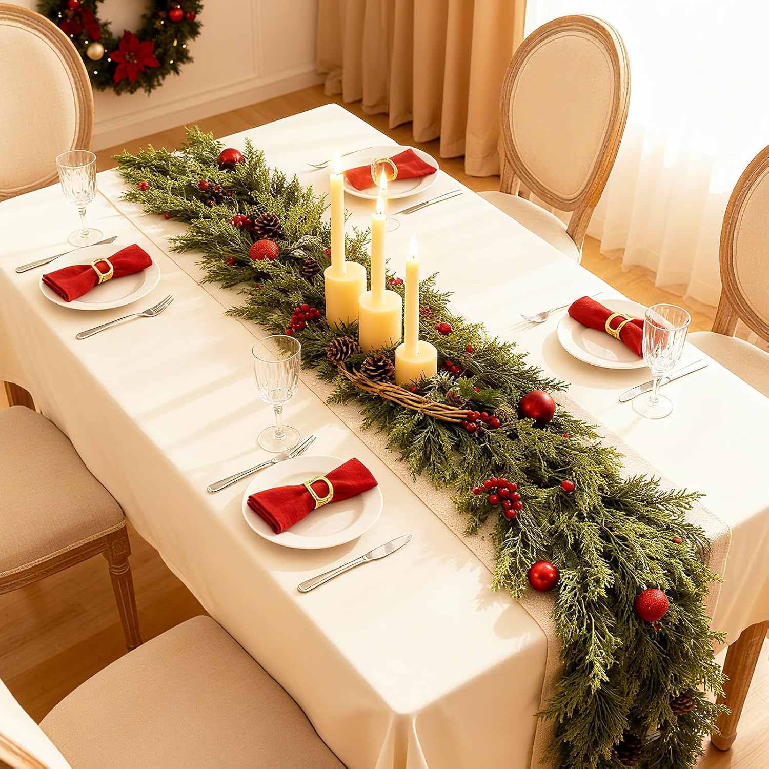 9FT Christmas Cedar Garland, 2Pcs Artificial Real Touch Realistic Greenery Christmas Pine Garland for Fireplace Mantel Table Stairs Indoor Outdoor Holiday Decoration