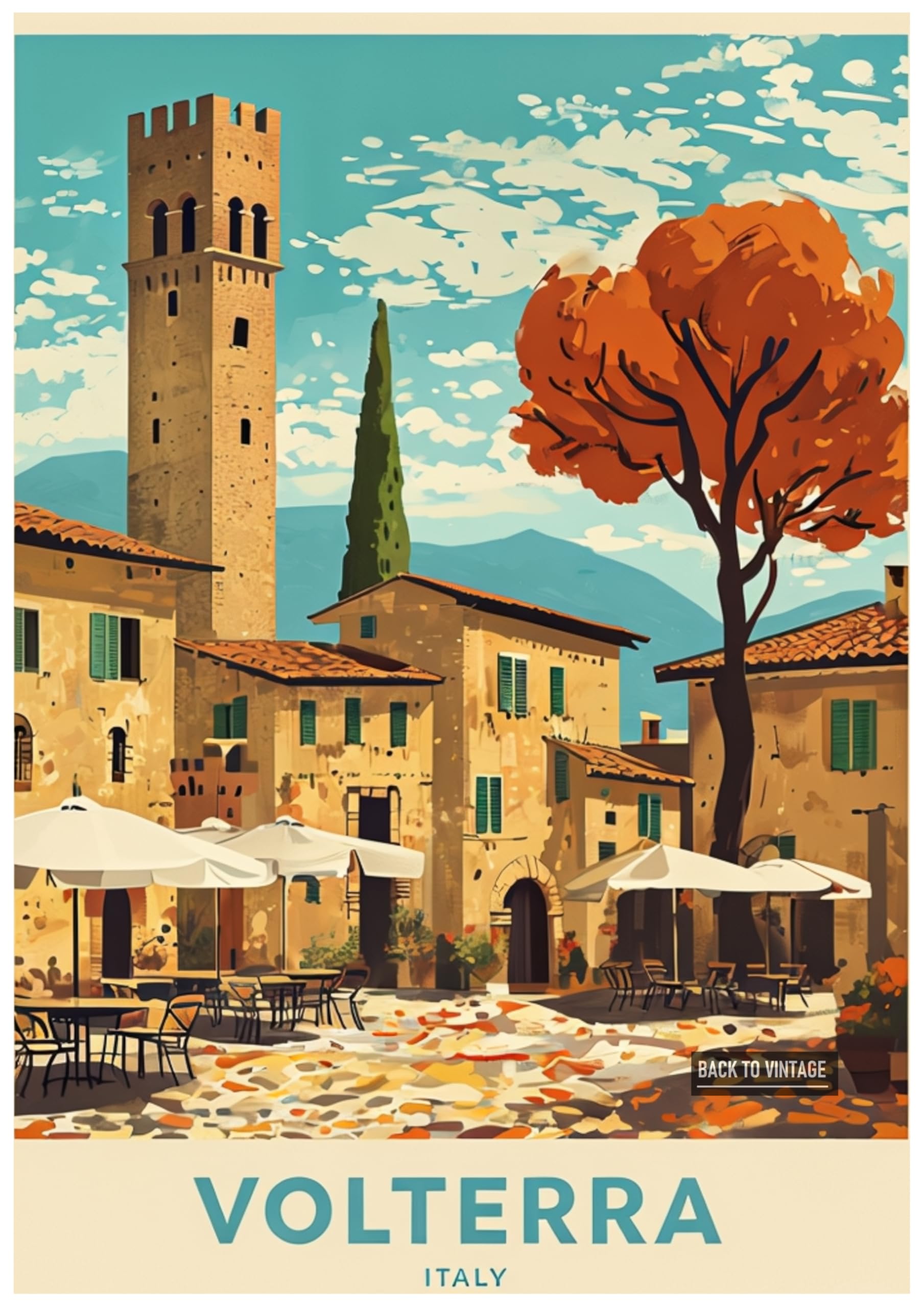Vintage Travel Poster Illustration Of Charming Volterra Italy - Retro Europe Travel Poster A4 Size Vintage Wall Art Print of Famous European Destinations Ideal for Home or Office Decor