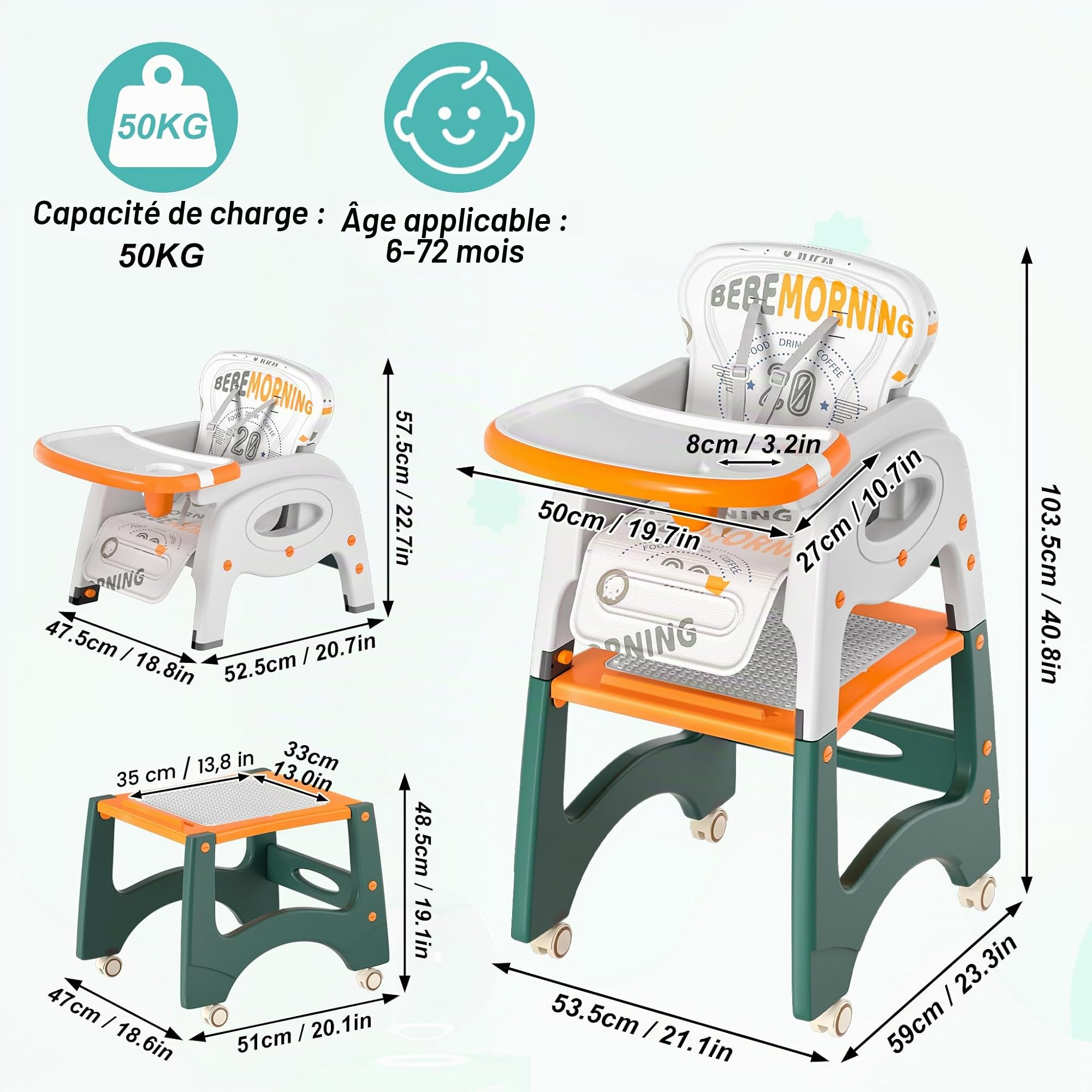 XMTECH Chaise haute pour bébé 6 en 1 pour bébés et tout-petits avec ceinture de sécurité, à partir de 6 mois, chaise de salle à manger, dossier réglable, table d'apprentissage, table et chaises, table