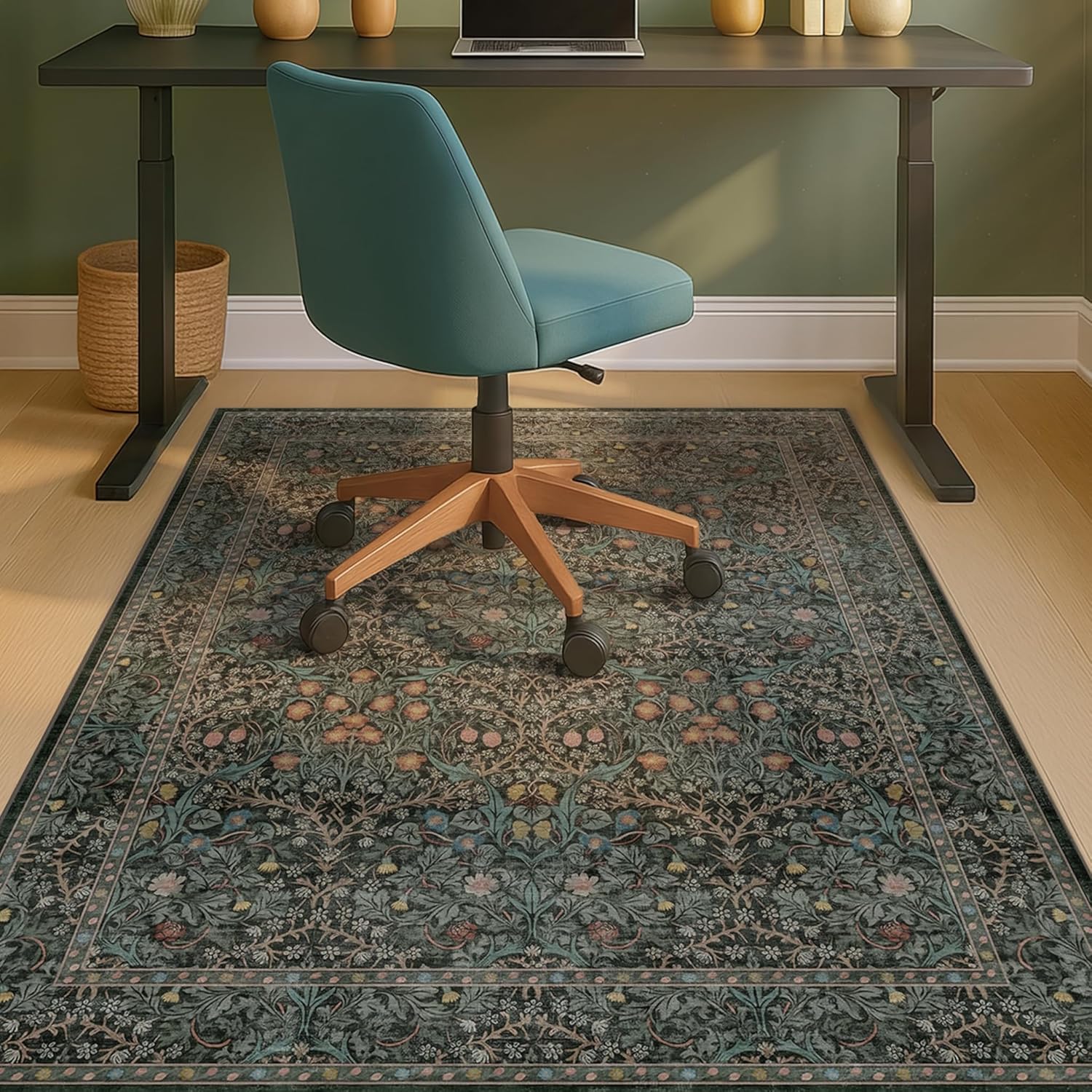 48"x60" Dark Green Office Chair Mat for Hardwood & Tile Floor, Vintage Floral Washable Under Desk Rug with Anti-Slip Backing & Ultra Soft, Floor Protector for Rolling Chairs, Stain Resistant