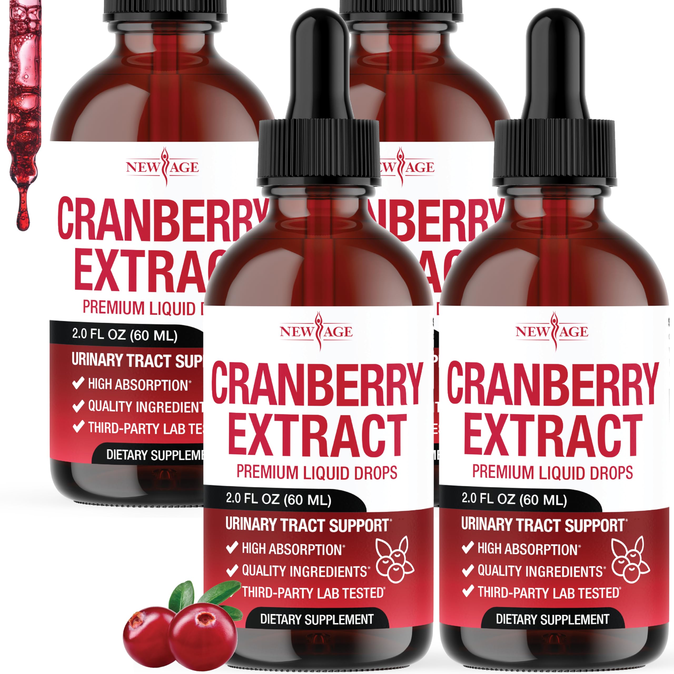 NEW AGE Gotas líquidas de cranberry (Vaccinium macrocarpon), 237 mL, pacote com 4