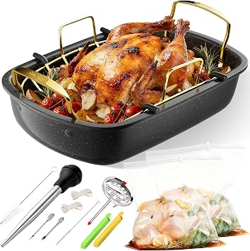 Turkey Roasting Pan, 17x13 Inch Nonstick Roaster with Removable Rack, Turkey Baster, Meat Thermometer, Turkey Brine Bags, Roaster Pan for Roasting Turkey, Meat & Vegetables Black&Gold