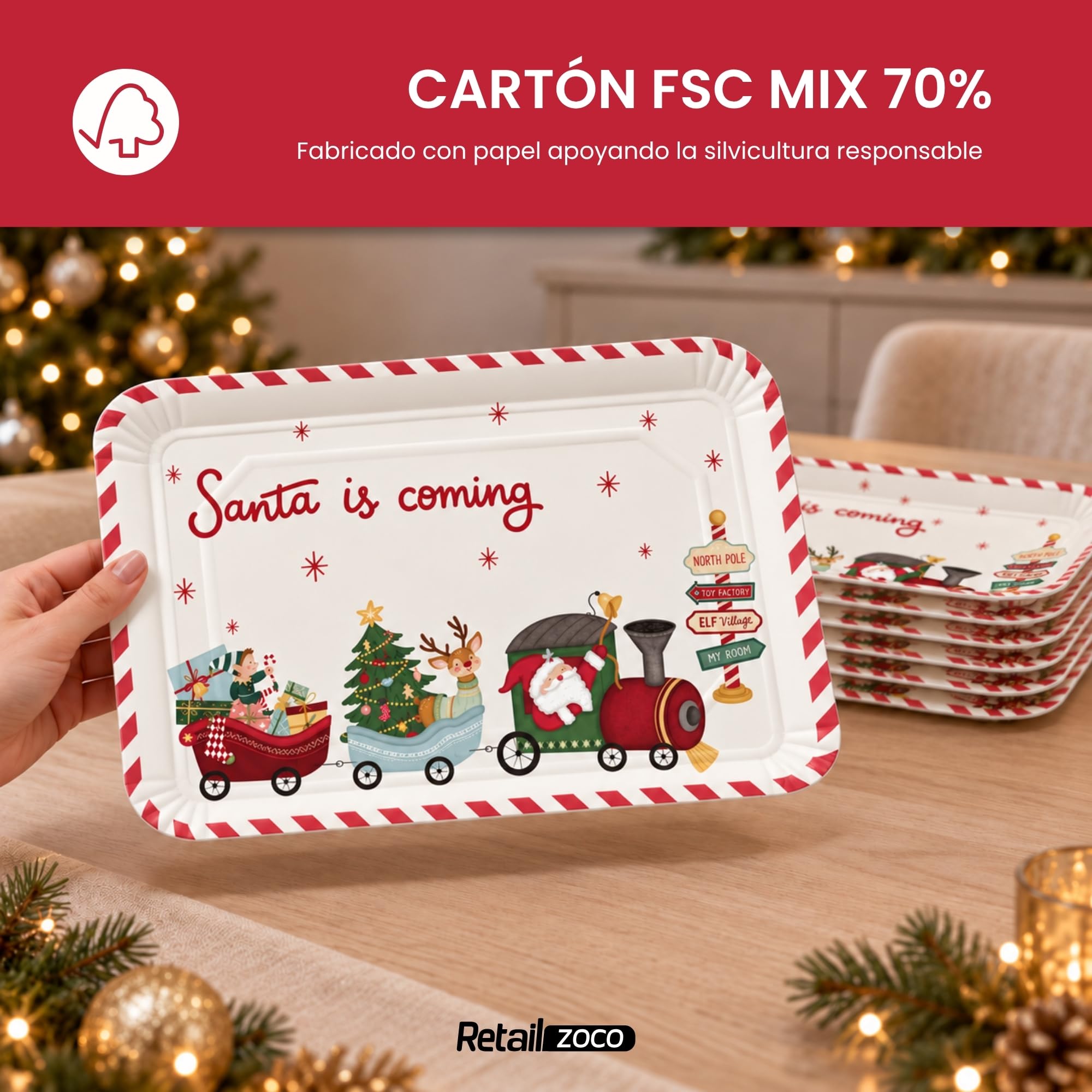 Bandejas de Cartón para Servir, Diseño Santa is Coming, 6 Unidades - imagen 6
