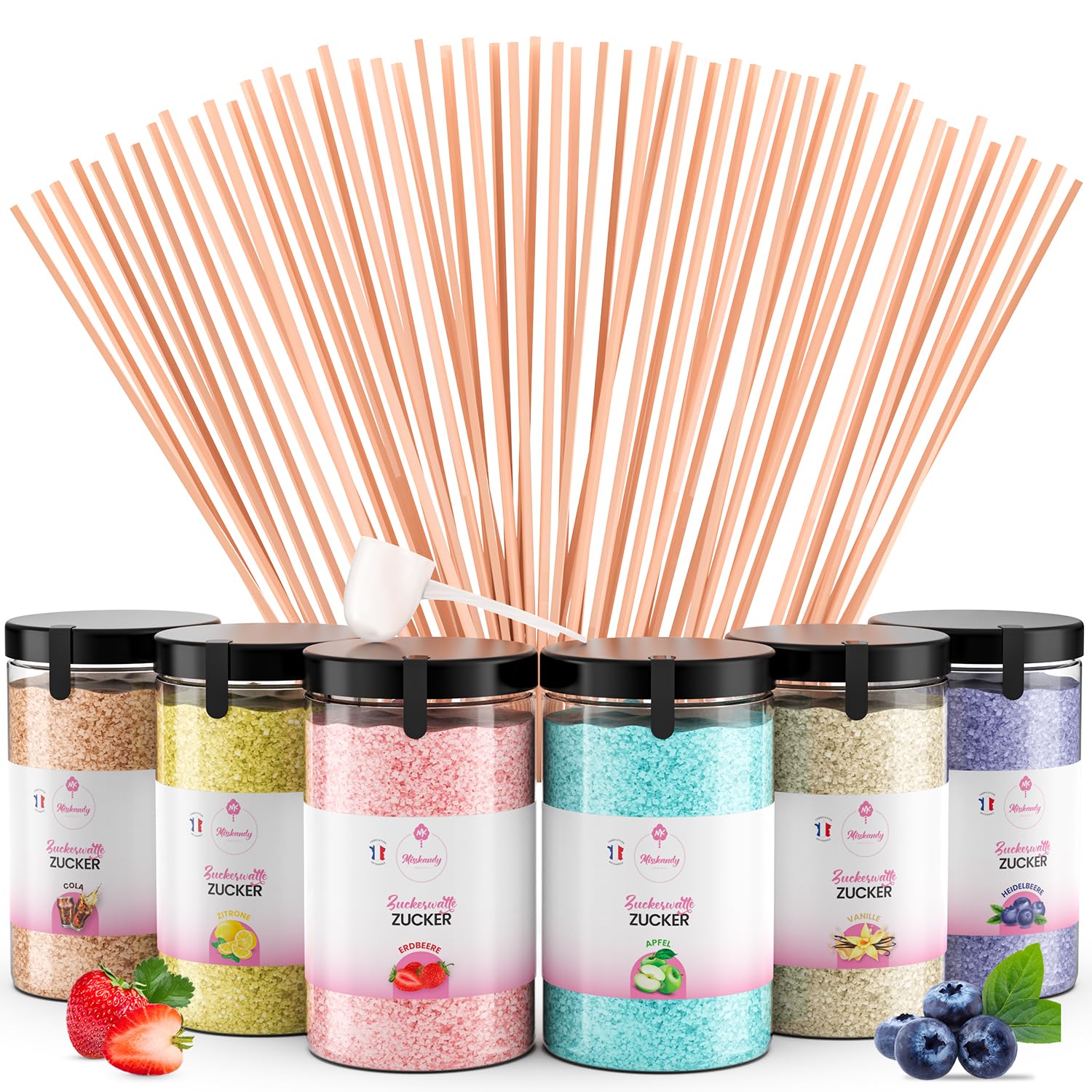 Misskandy® 6-smakowy zestaw do waty cukrowej, 72 porcje - zawiera 50 patyczków do maszyny do waty cukrowej - smaki obejmują colę, wanilię, truskawkę, jagodę, cytrynę i jabłko