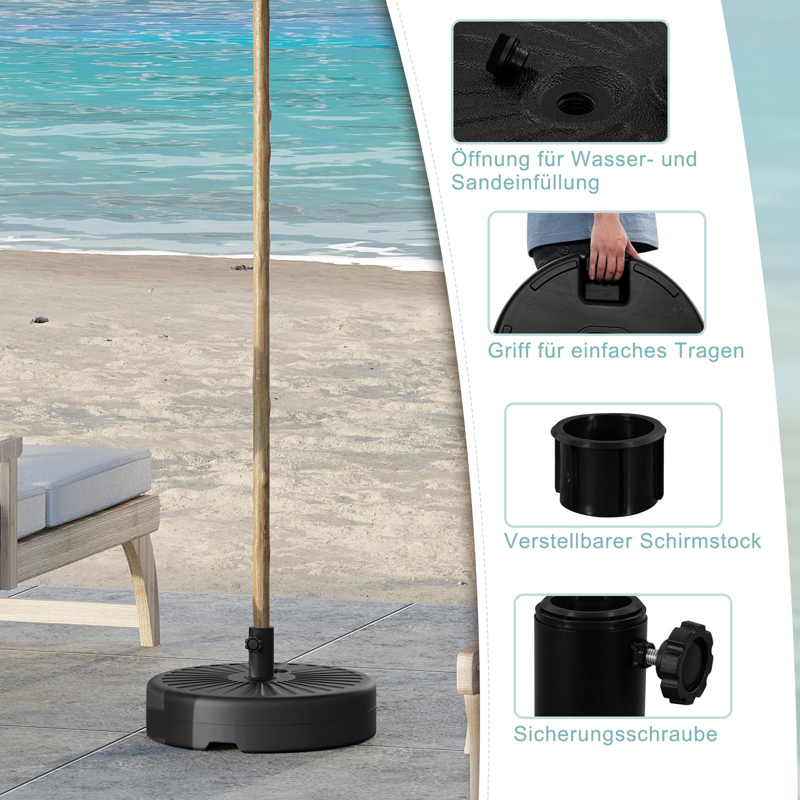 WOLTU Sonnenschirmständer rund 22 L, befüllbar mit Wasser oder Sand, Schirmständer aus HDPE, Sonnenschirmfuß für Schirmstöcke Ø 38-48 mm, inkl. Adapterhülsen, Schwarz