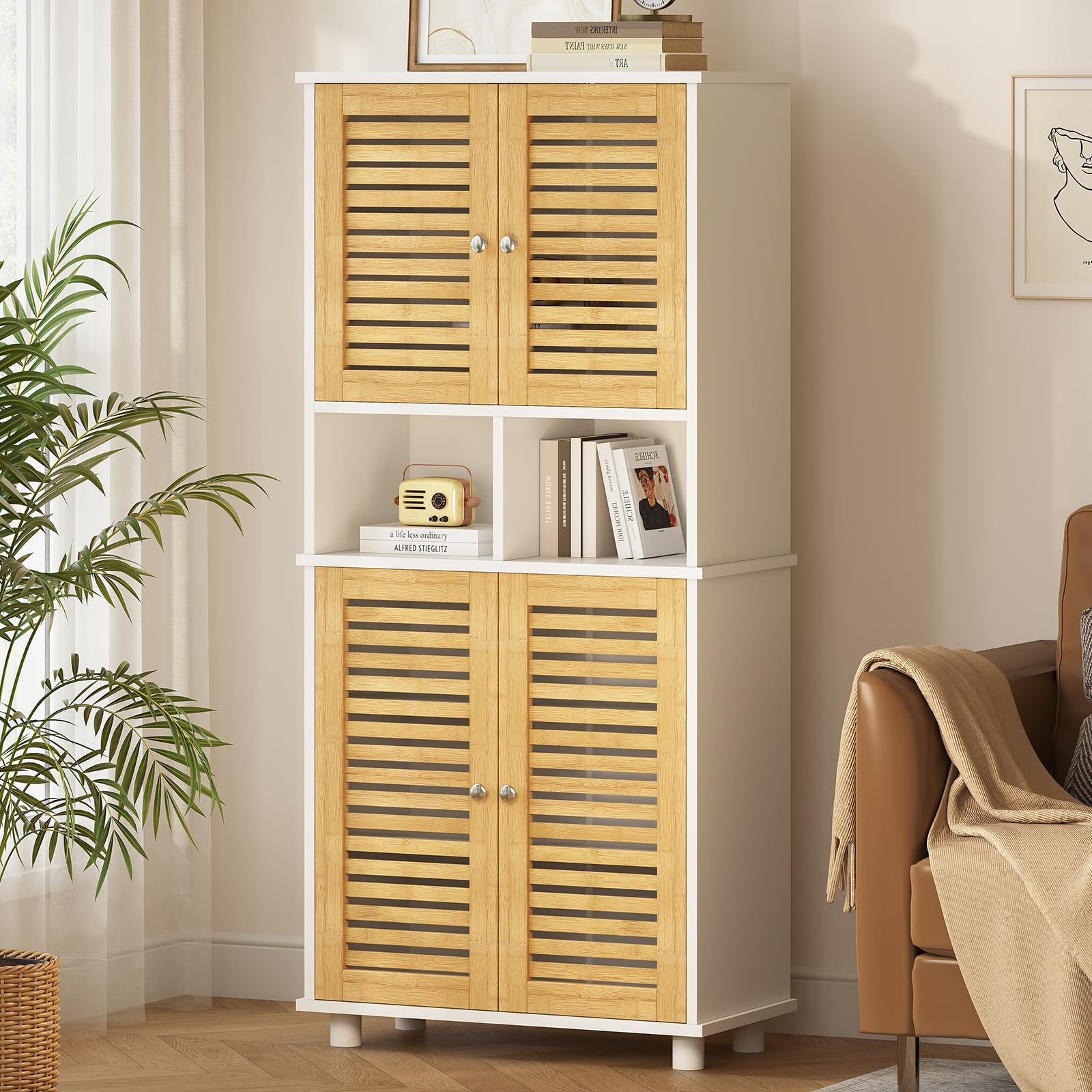 Meuble de Rangement, Meuble Colonne pour Salle de Bain avec 4 Portes en Bambou, 2 Étagères Réglables et Ouvertes, Armoire de Salle de Bain pour Salon et Cuisine, 60 x 30 x 128 cm, Blanc