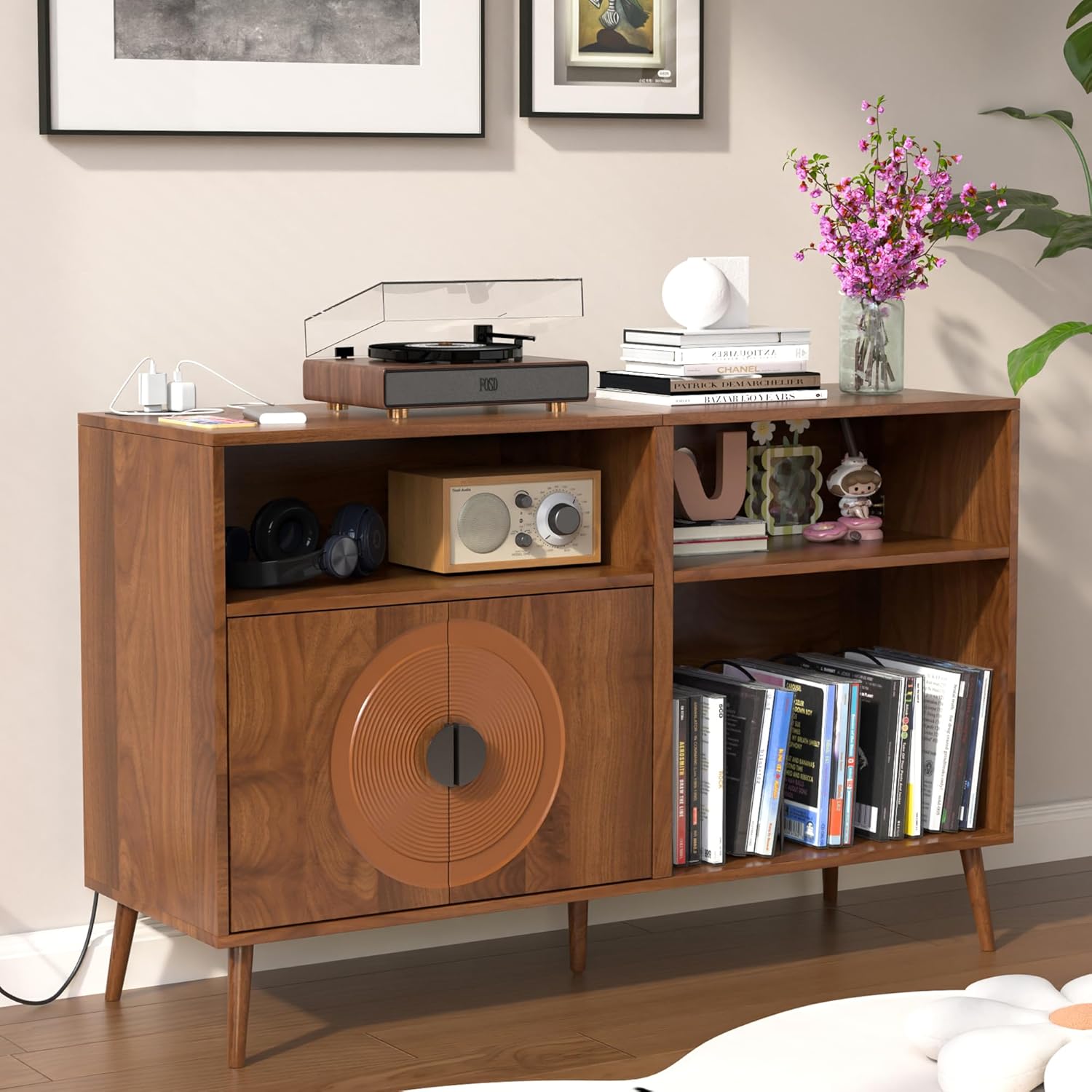 Large Record Player Stand, Record Table Cabinet with Power Outlet, Modern Vinyl Record Storage Cabinet with Wood Legs for Bedroom, Living Room, Office (Walnut)
