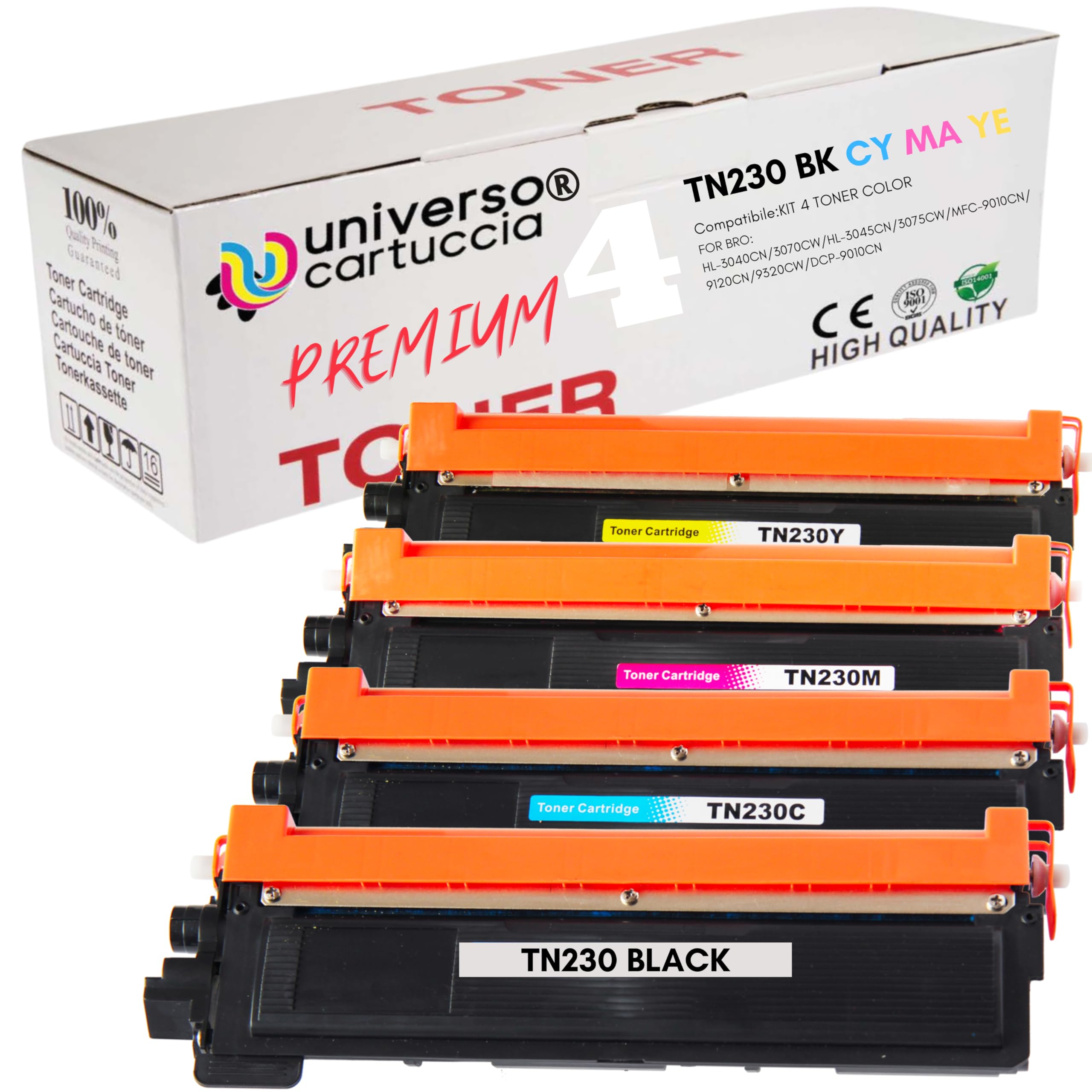 TN-230 Kit de toner 4 couleurs compatible avec BrotherTN-230 HL-3040N HL-3040CN HL-3045 CN HL-3070CN HL-3070CW HL-3075 CW MFC-9120CN MFC-9320CW DCP-9010CN MFC-9125 CN(TN230 KIT 4