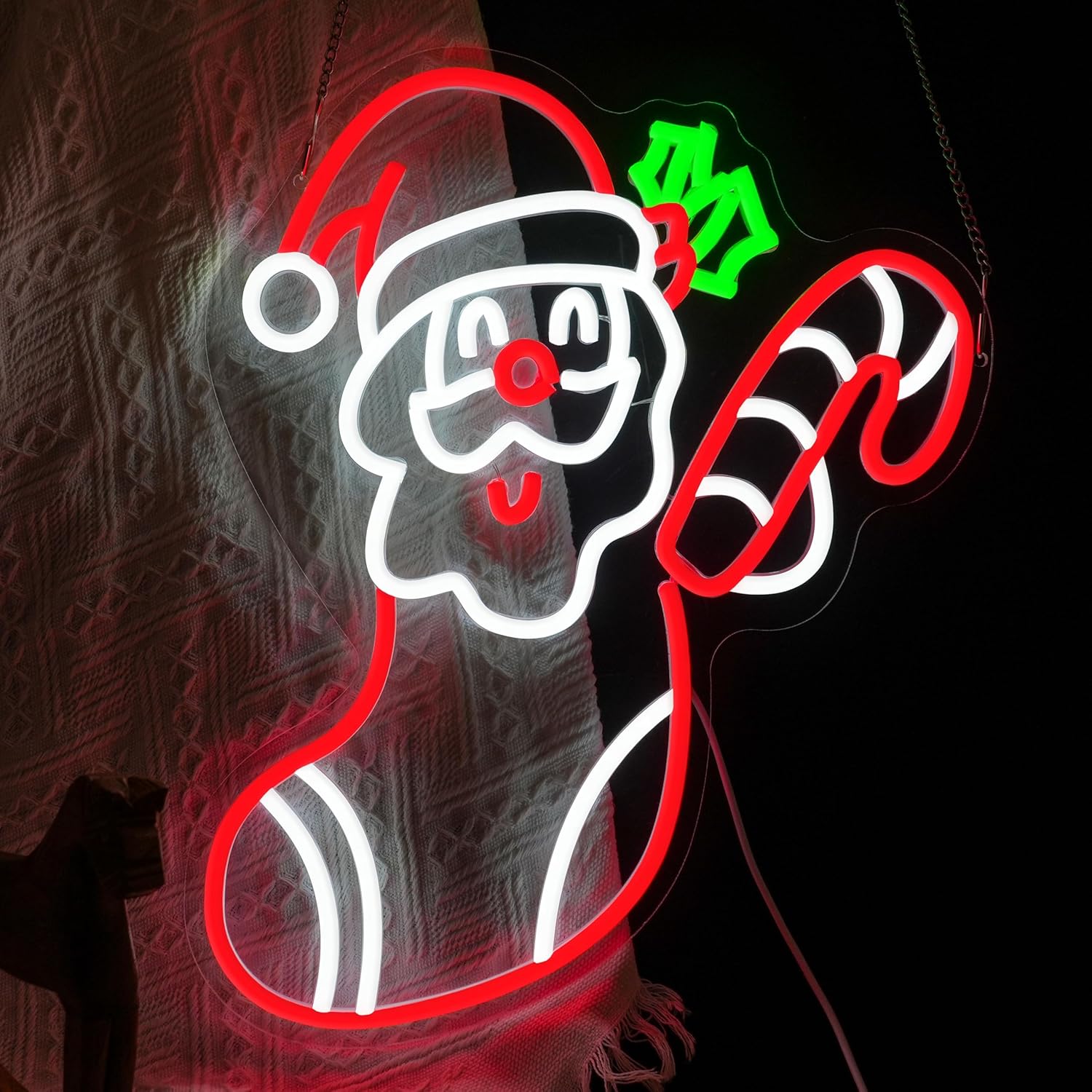Merry Christmas Neon Sign Dimmable Santa Claus In Stockings Neon Light USB Powered Holly Led Light up Sign for Christmas Eve Party New Year Home Bar(16.5 * 12.6 In) - Image 3