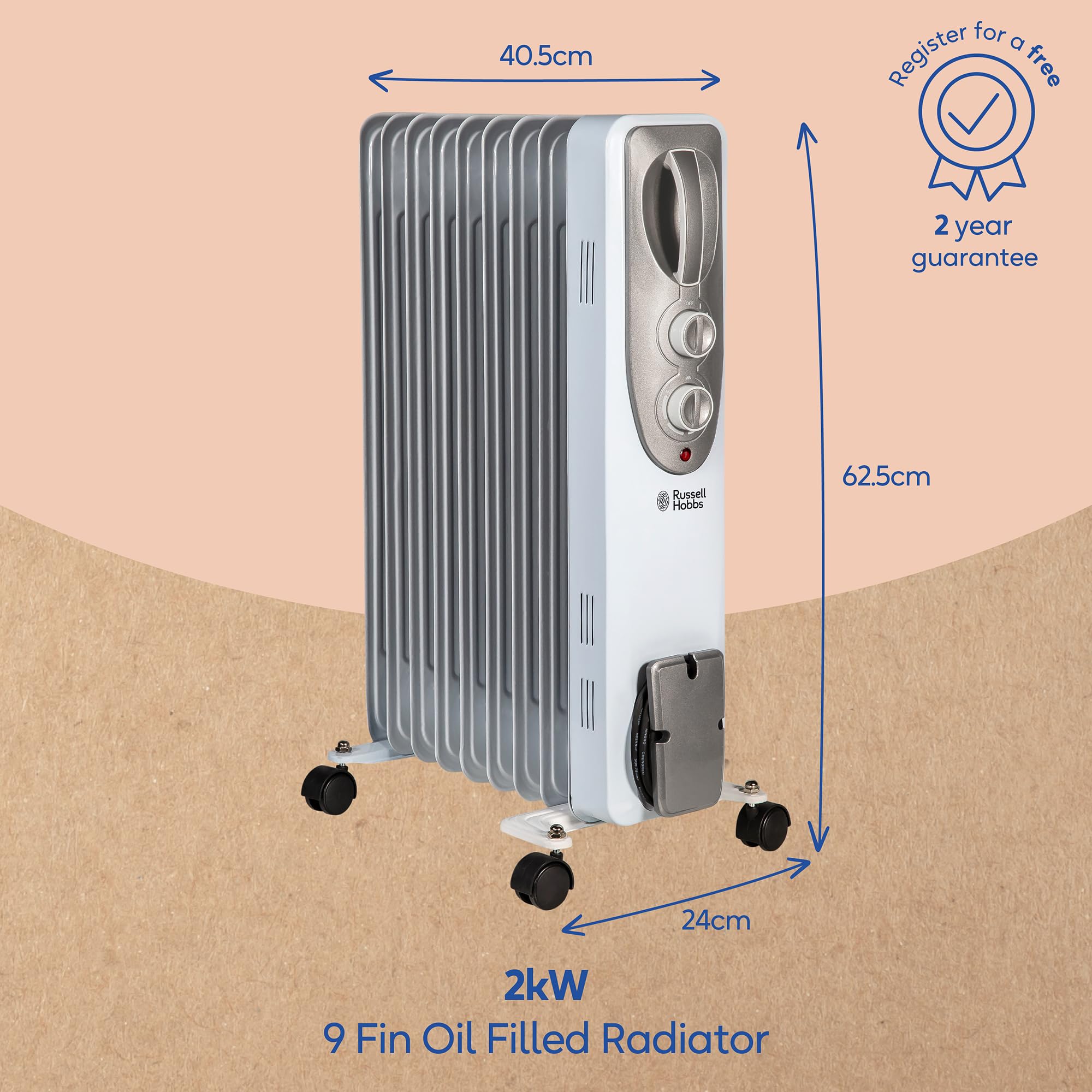 Russell Hobbs 2000W/2KW Oil Filled Radiator, 9 Fin Portable Electric Heater  - White, Adjustable Thermostat with 3 Heat Settings, Safety Cut-off, 20 m  sq Room Size, RHOFR5002, 2 Year Guarantee, 1 Pack :