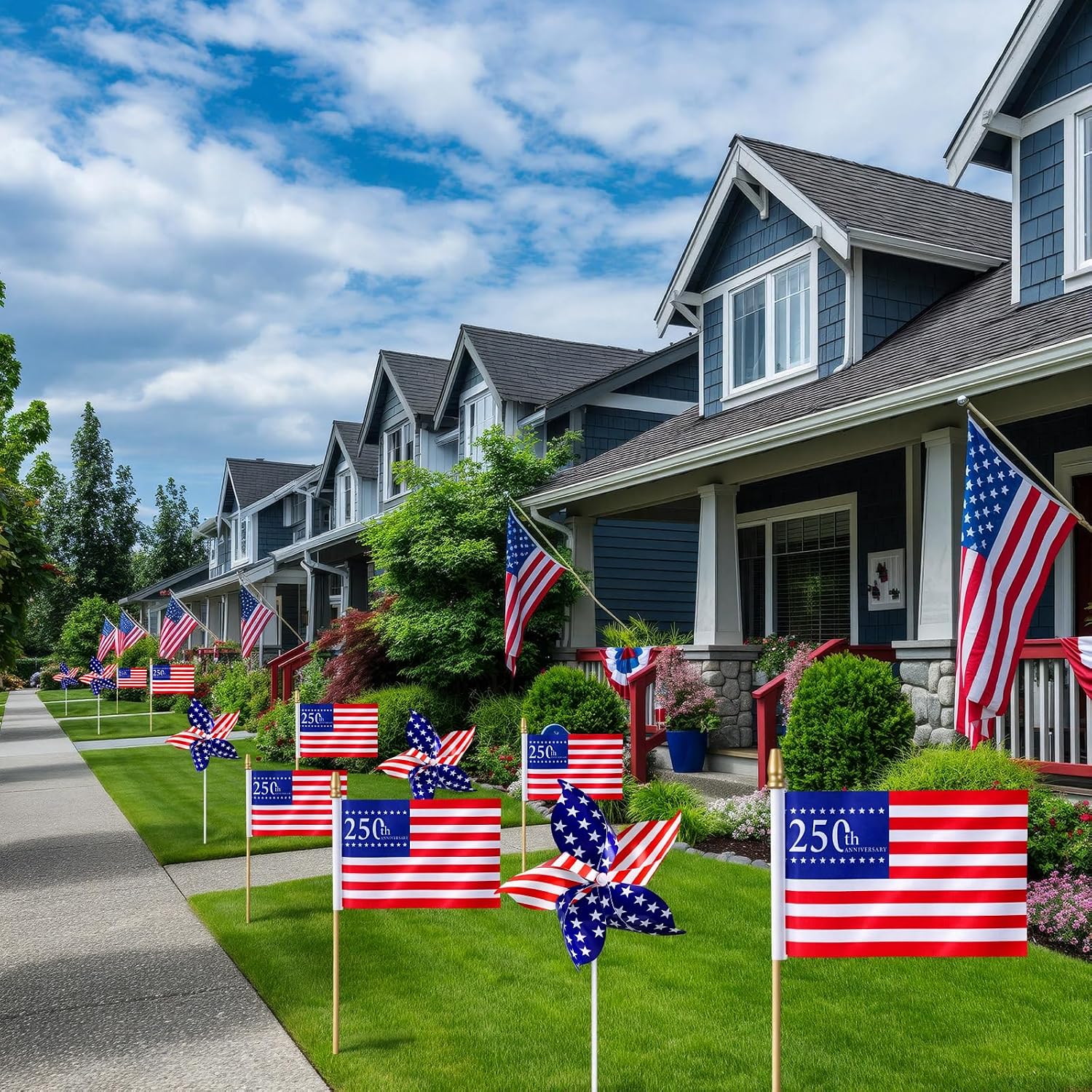 Fullhawl 36 Pcs 250th Anniversary Decorations 12 Patriotic Stars Stripes Pinwheels 24 250 Anniversary Flags 250th Outdoor Sign for Parade Table Party Supplies Home Yard Garden