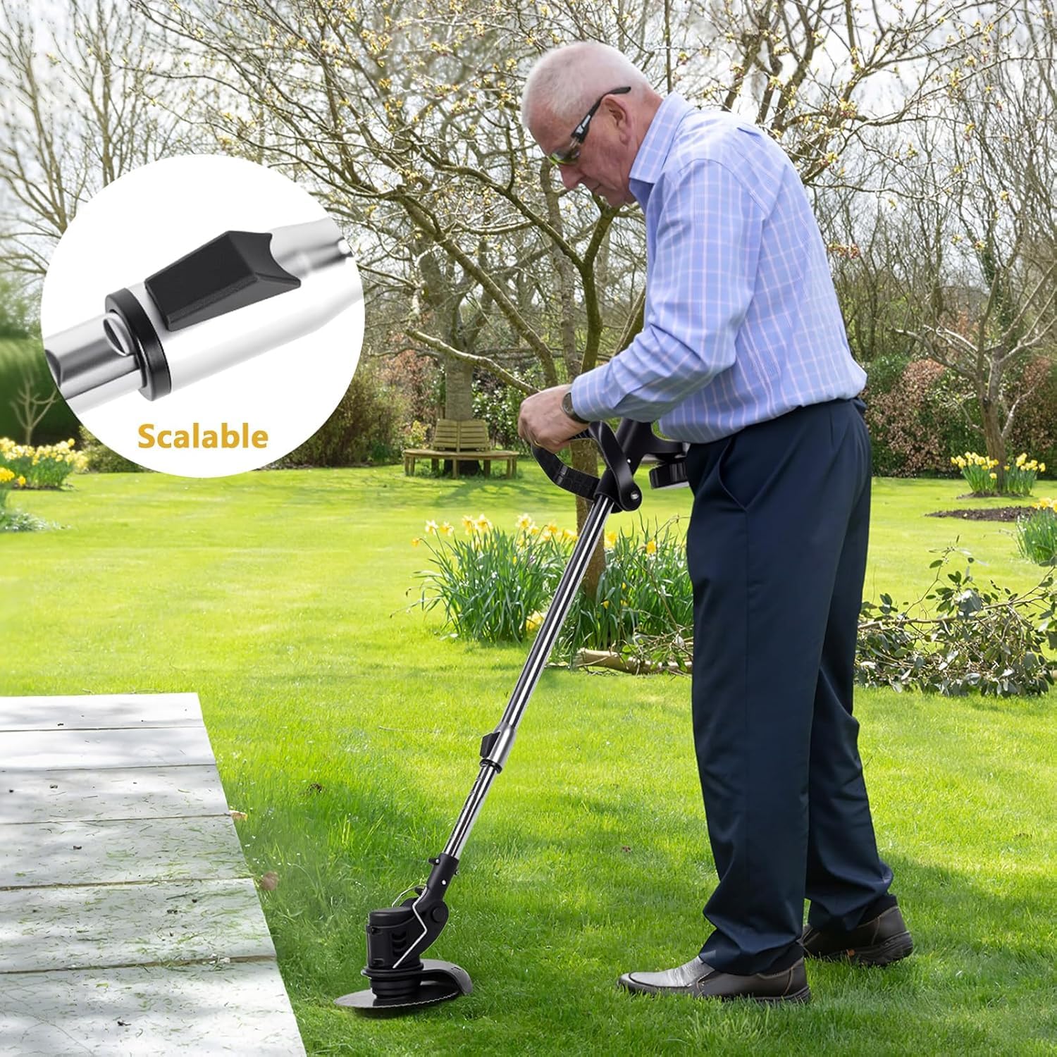 Désherbeur électrique 21 V, 650 W 18 000 tr/min sans fil avec 2 batteries de 2000 mAh et chargeur, débroussailleuse/tondeuse 3 en 1 avec 3 types de lame pour jardin, cour, pelouse (noir) Durabilité