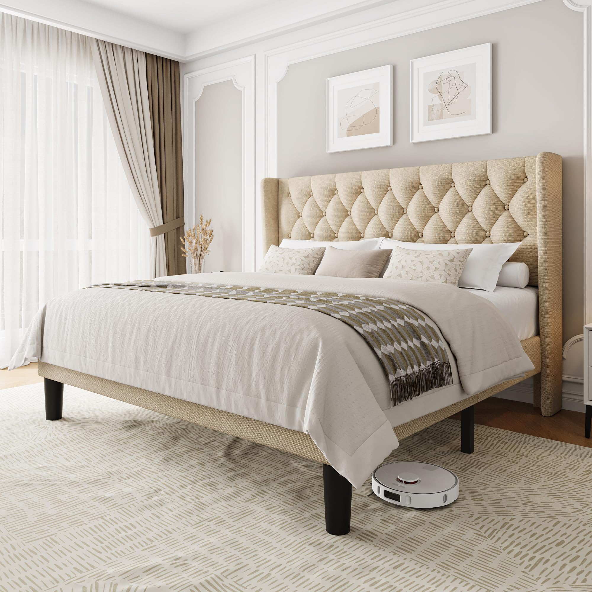 Einhomn King Size Upholstered Bed Frame with Wingback Headboard, Fabric Linen Platform Bed, 8" Under Bed Storage, Wooden and Metal Slats Support, No Box Spring Needed, Noise Free, Beige