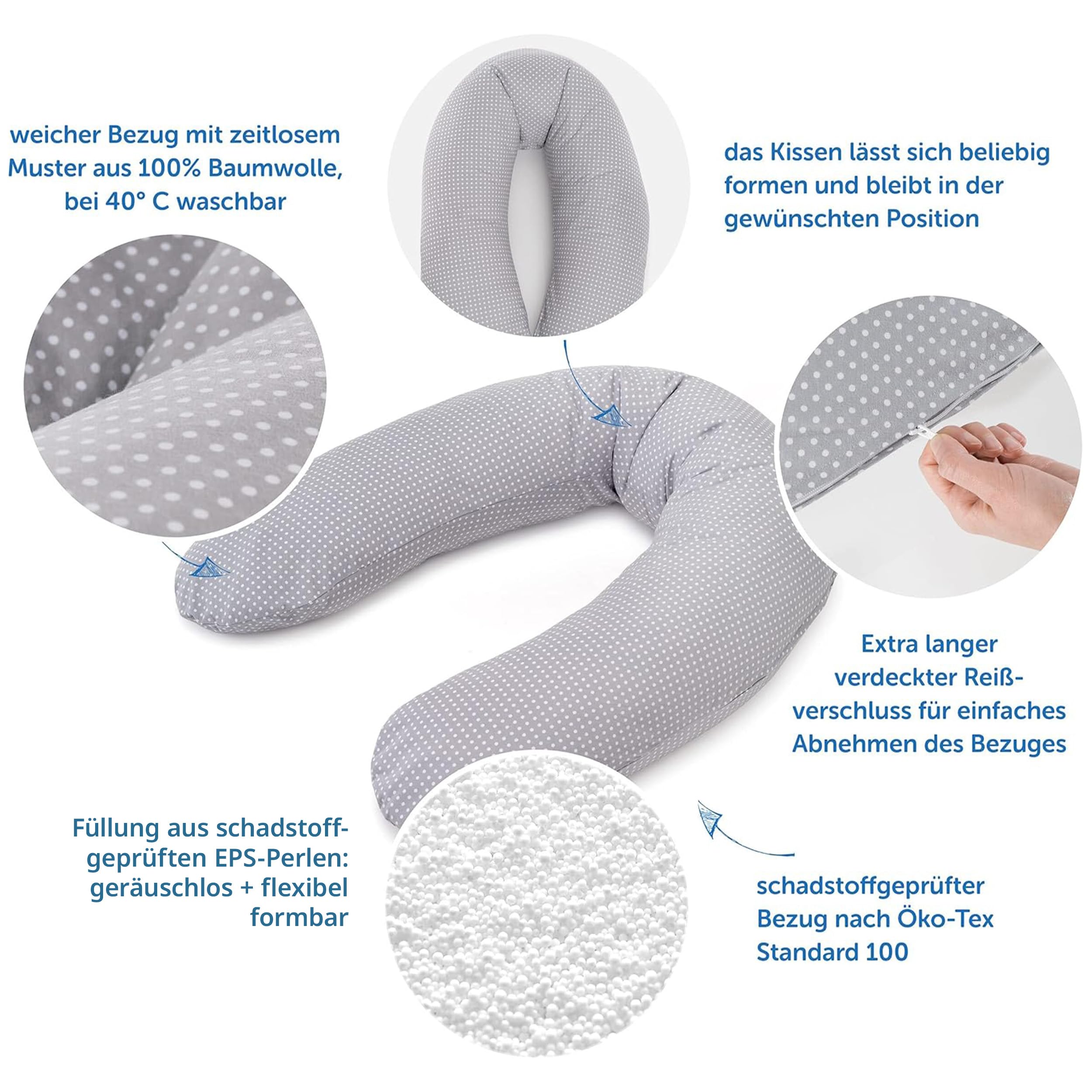 Theraline Stillkissen & Schwangerschaftskissen Dodo Pillow Premium - 180 cm inkl. Bezug aus Baumwolle - Leise und feine Perlen, schadstoffgeprüft, maschinenwaschbar - Punkte Grau