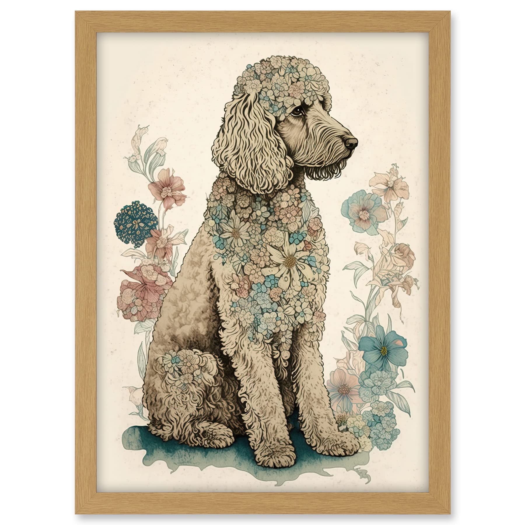 Artery8 Poodle Dog with Flower Fur Coat Modern Boho Watercolour Illustration Artwork Framed A3 Wall Art Print