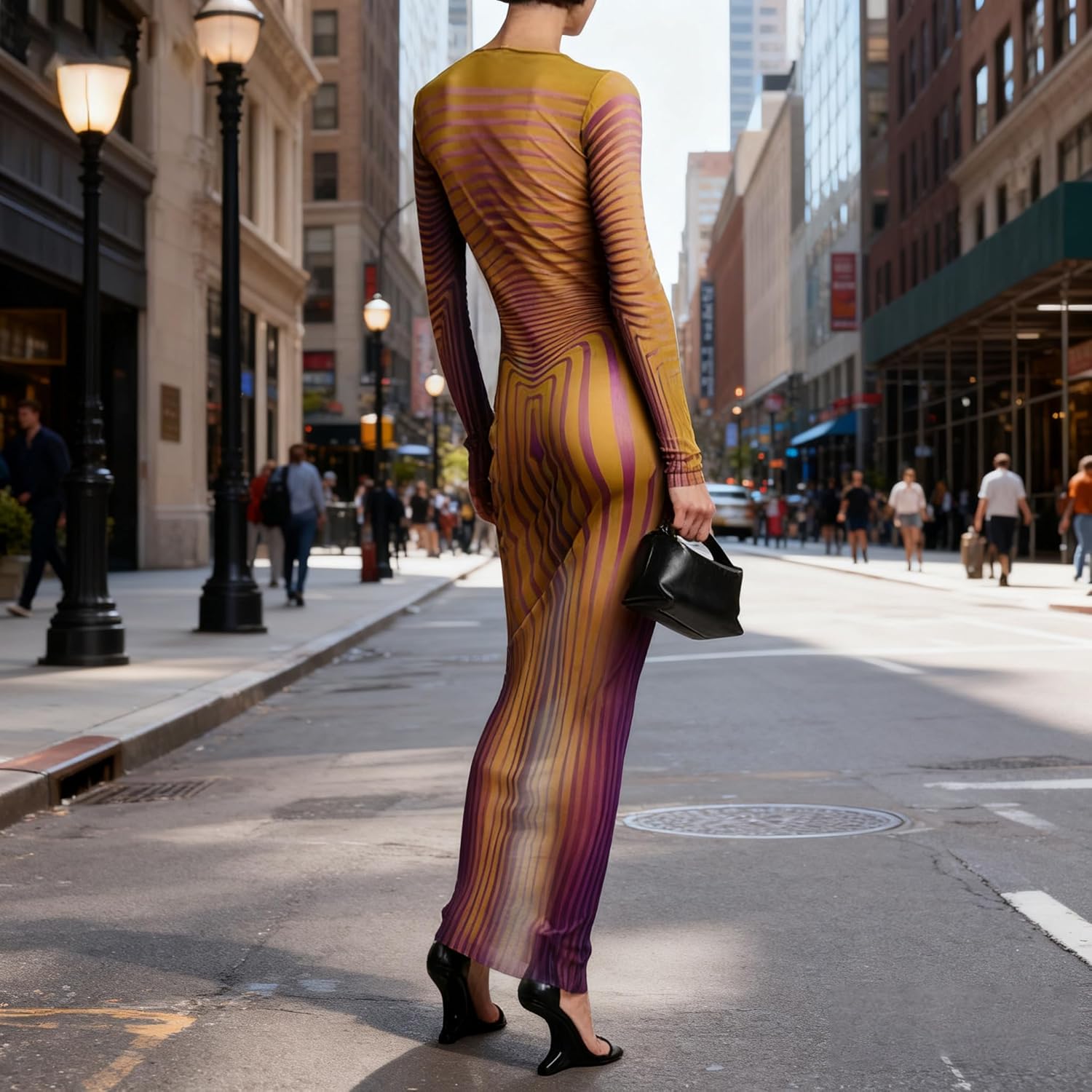 Women’s Sheer Mesh Sexy Bodycon Long Sleeve Ruched Maxi Dress Printed Slim Fit Party Club Dresses - Image 5