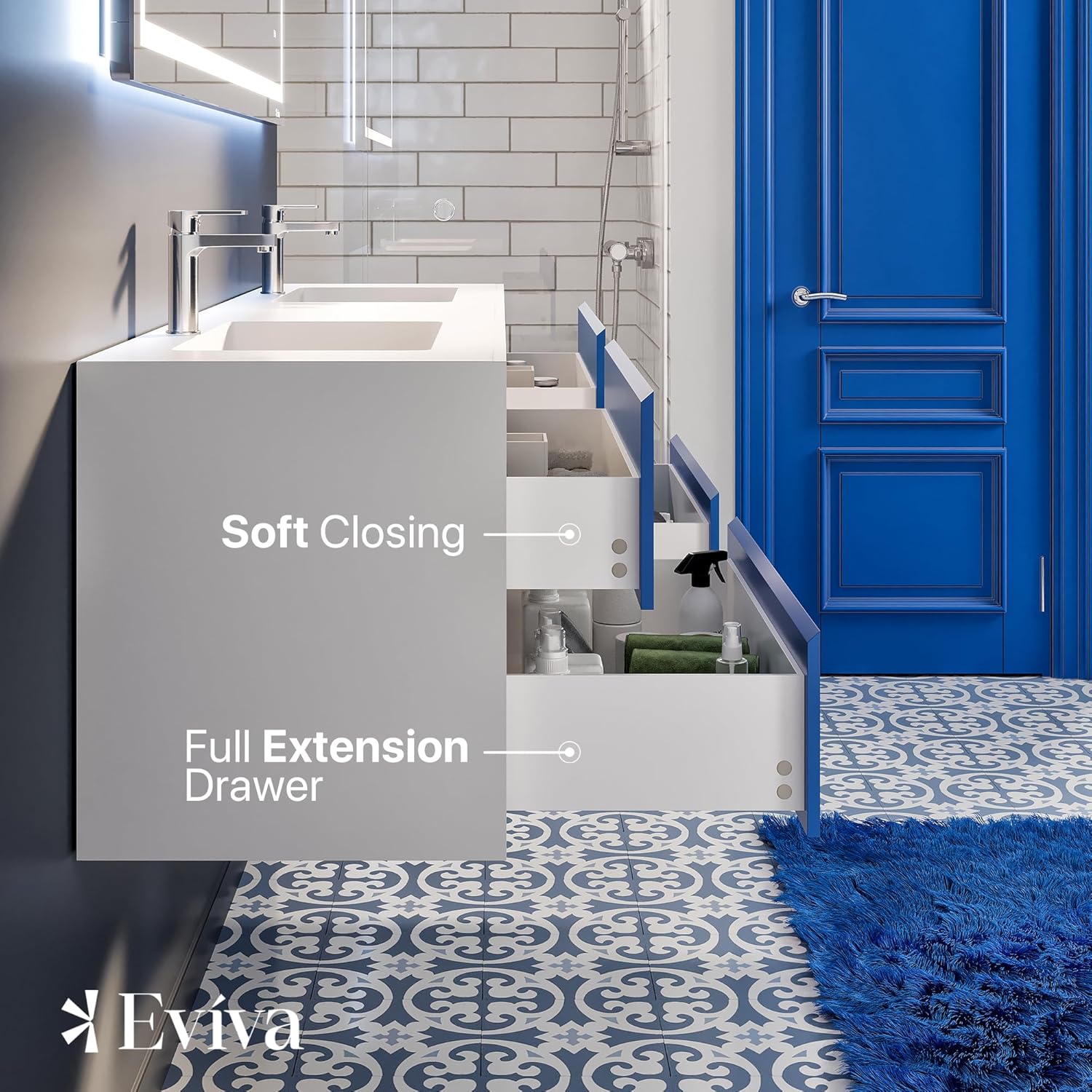 Eviva Vienna 75 in. Blue Wall Mount Double Sink Bath Vanity with Acrylic Top and Integrated Sinks