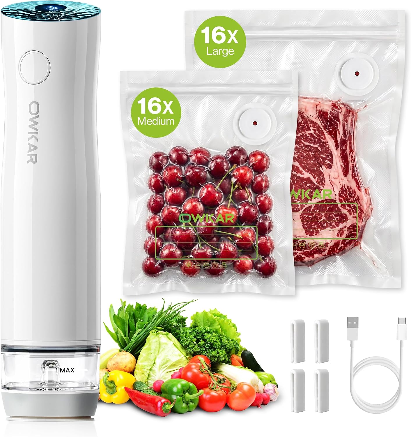 Portable Handheld Vacuum Sealer for Food with 32 Reusable Bags, Compact & Powerful Food Vacuum Sealer with Visible Liquid Tank, Digital Display and 6X Freshness Lock for Meal Prep & Storage