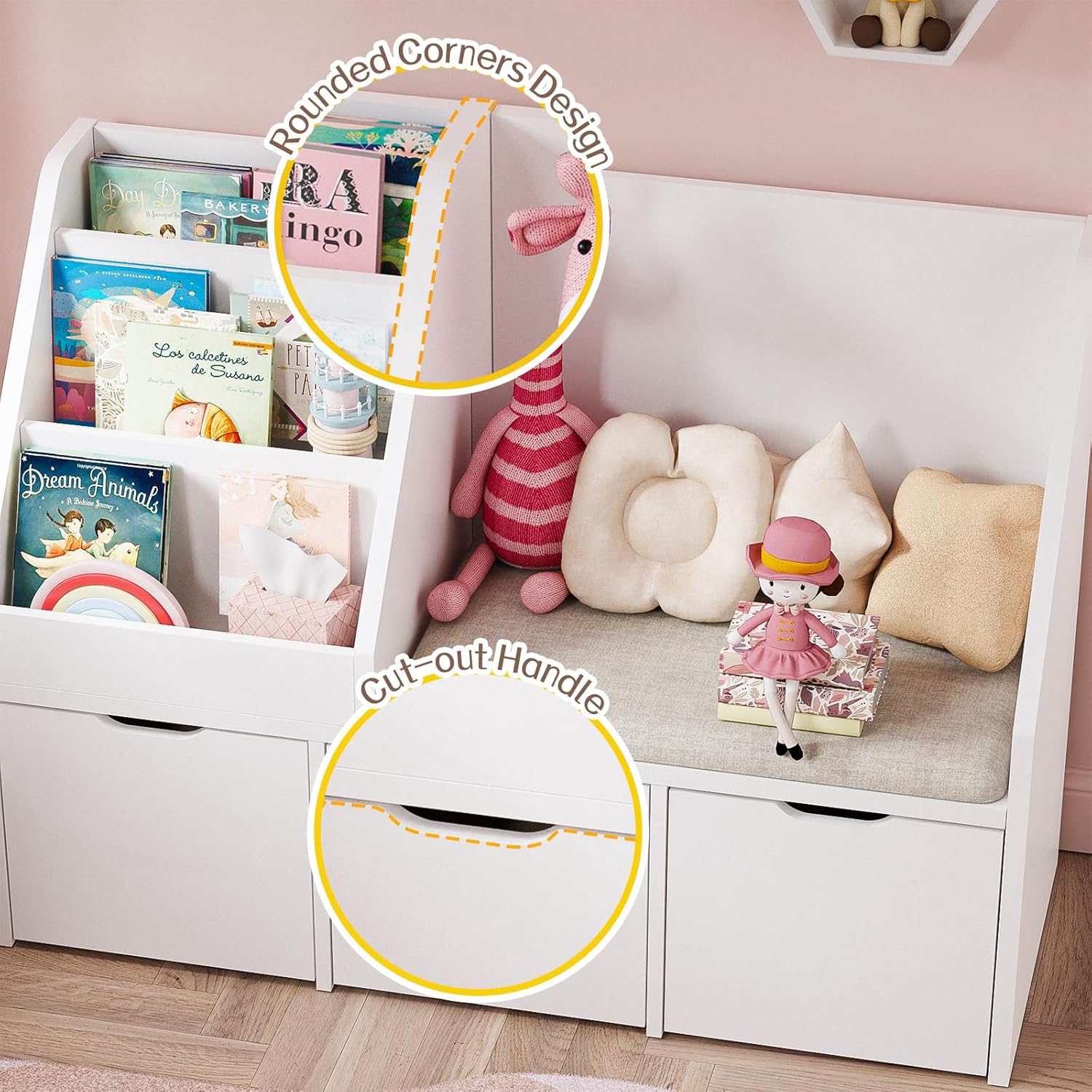 40" Kids Reading Nook with Bench, Toy Storage Organizer and Bookshelf with Seat Cushion, Kids Bookshelf with 3 Movable Drawers, Toy Storage Box on Wheels, Ideal for Nursery, Playroom, Bedroom, White - Image 5