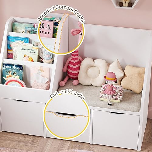 Miniatura 4 de Teckid Estantería infantil de 40 pulgadas con banco de rincón de lectura, organizador de almacenamiento de juguetes con cojín de asiento y 3 cajones