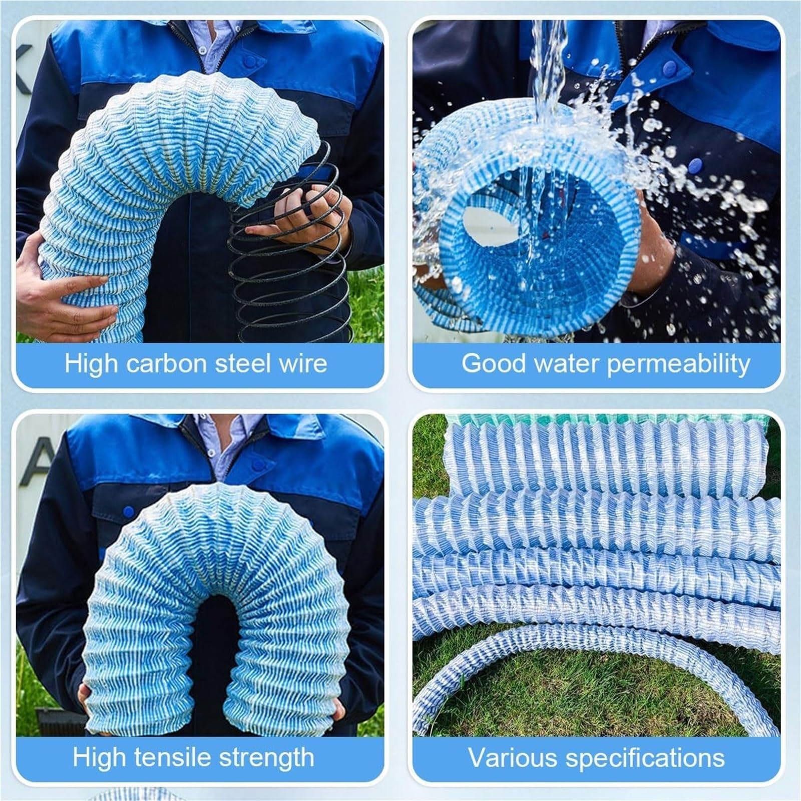Tuyau d'évacuation ondulé en PVC avec fil d'acier, 15,2 cm de large, 1,8 m de long, solution de drainage tubulaire extensible