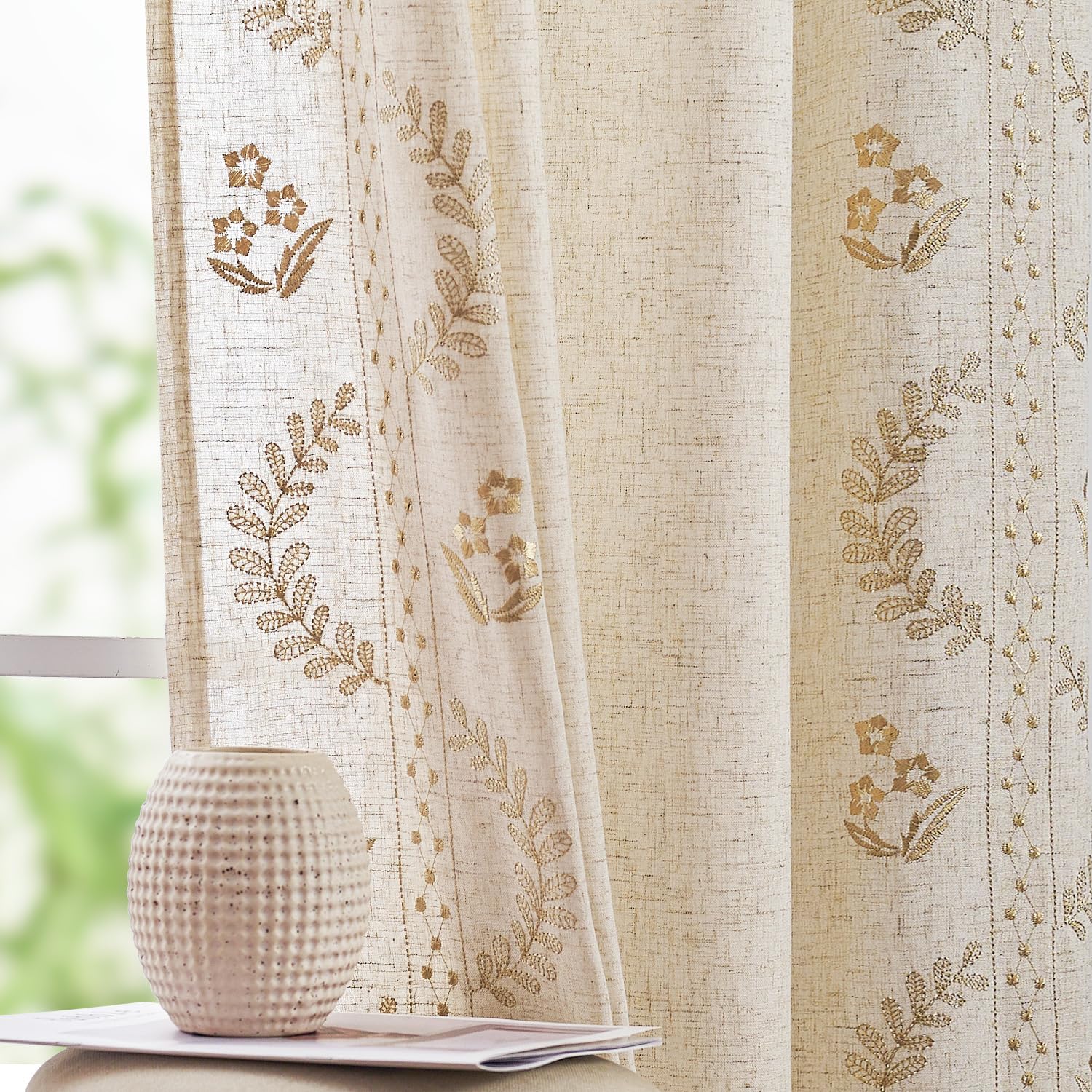 jinchan Belrose Linen Curtains for Bedroom Floral Curtains 90 Inch Length Linen Blend Beige Embroidered Drapes Farmhouse Flower Patterned Drapes for