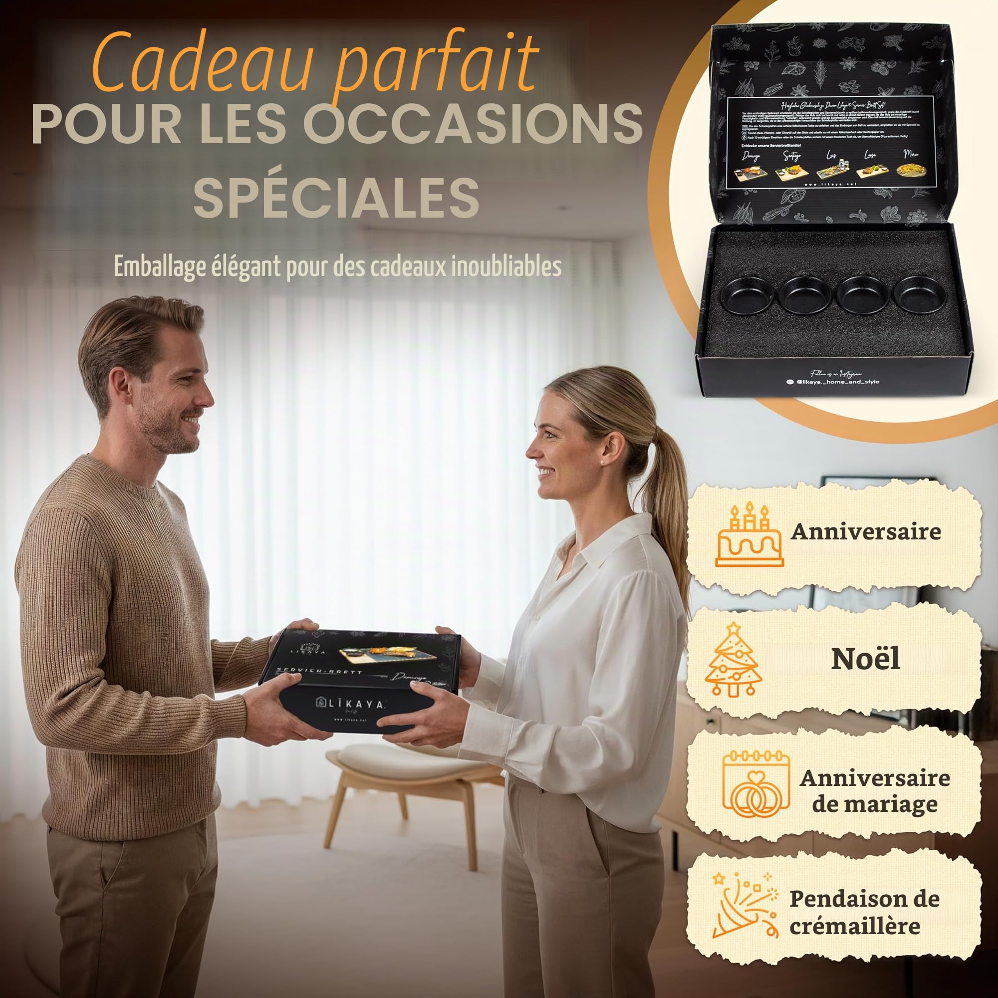 LIKAYA® Lot de 2 planches de service XXL « Domingo » en bois d'acacia FSC® avec plateau en ardoise et bols à sauce, planche à barbecue et accessoires pour steak, hamburgers
