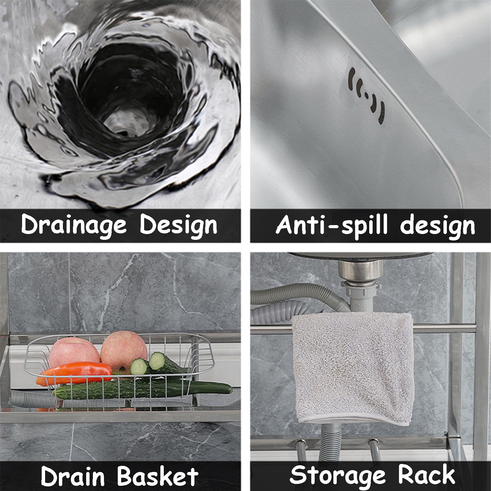 Fregadero utilitario de Acero Inoxidable para Cocina Comercial con Kit de Drenaje, Fregadero Doble Independiente con Grifo de Agua fría y Caliente, para Garaje, Restaurante, jardín