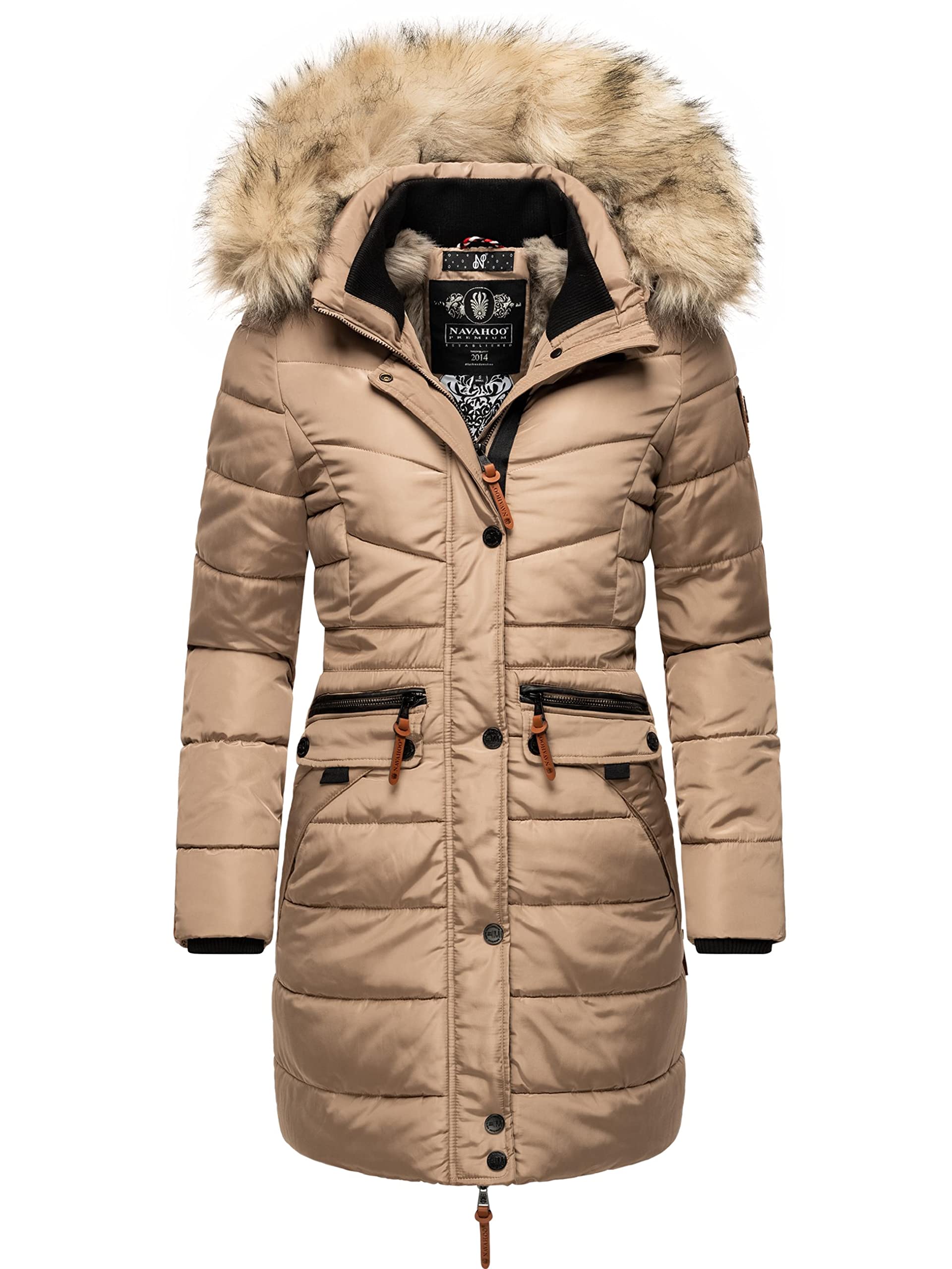 Navahoo Paula Women's Winter Coat, Warm, Quilted, Long, with Removable Faux-Fur Hood, XS–5XL, Taupe Grey, M