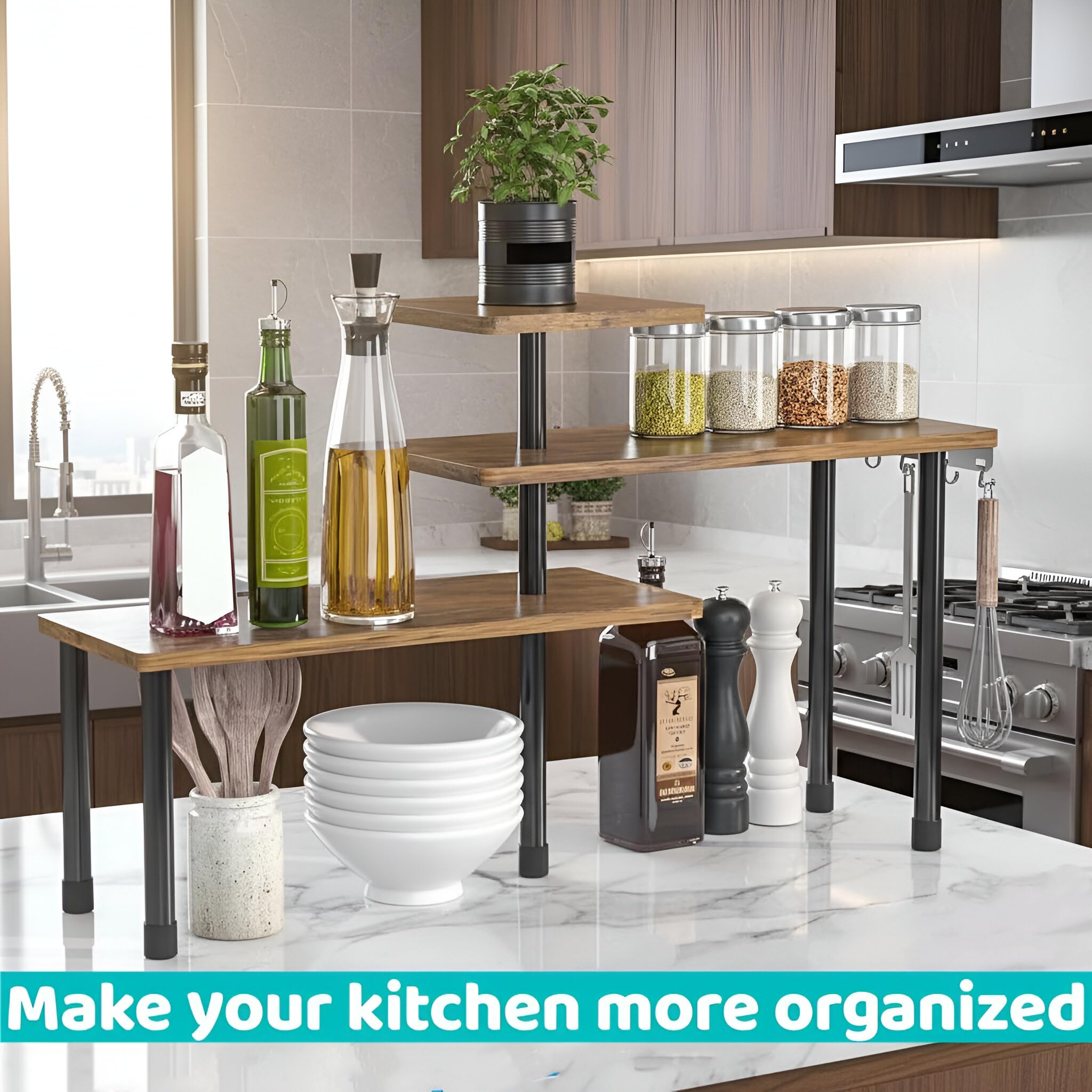 SOONHUA Mensola Scaffale Angolare per Cucina, 3 ripiani, con 4 ganci laterali, orientamento regolabile, salvaspazio, ripiano da cucina, piano di lavoro per cucina e zona caffè