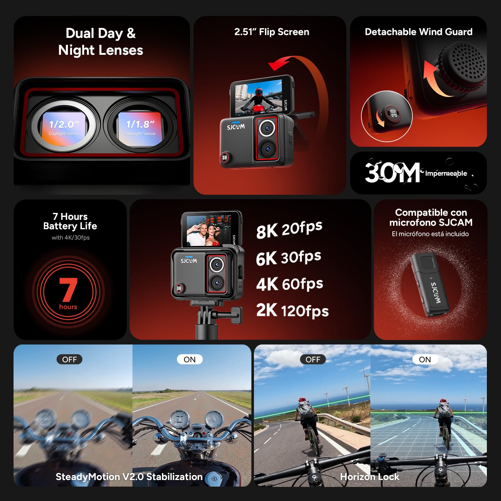 SJCAM SJ30 Cámara Deportiva con Visión Nocturna Doble Lente,Autonomía 7H | Action Camera 8K20/4K60, SteadyMotion 2.0, pantalla flip 2.51", 64GB y micrófono inalámbrico. Ideal para moto, MTB y buceo.