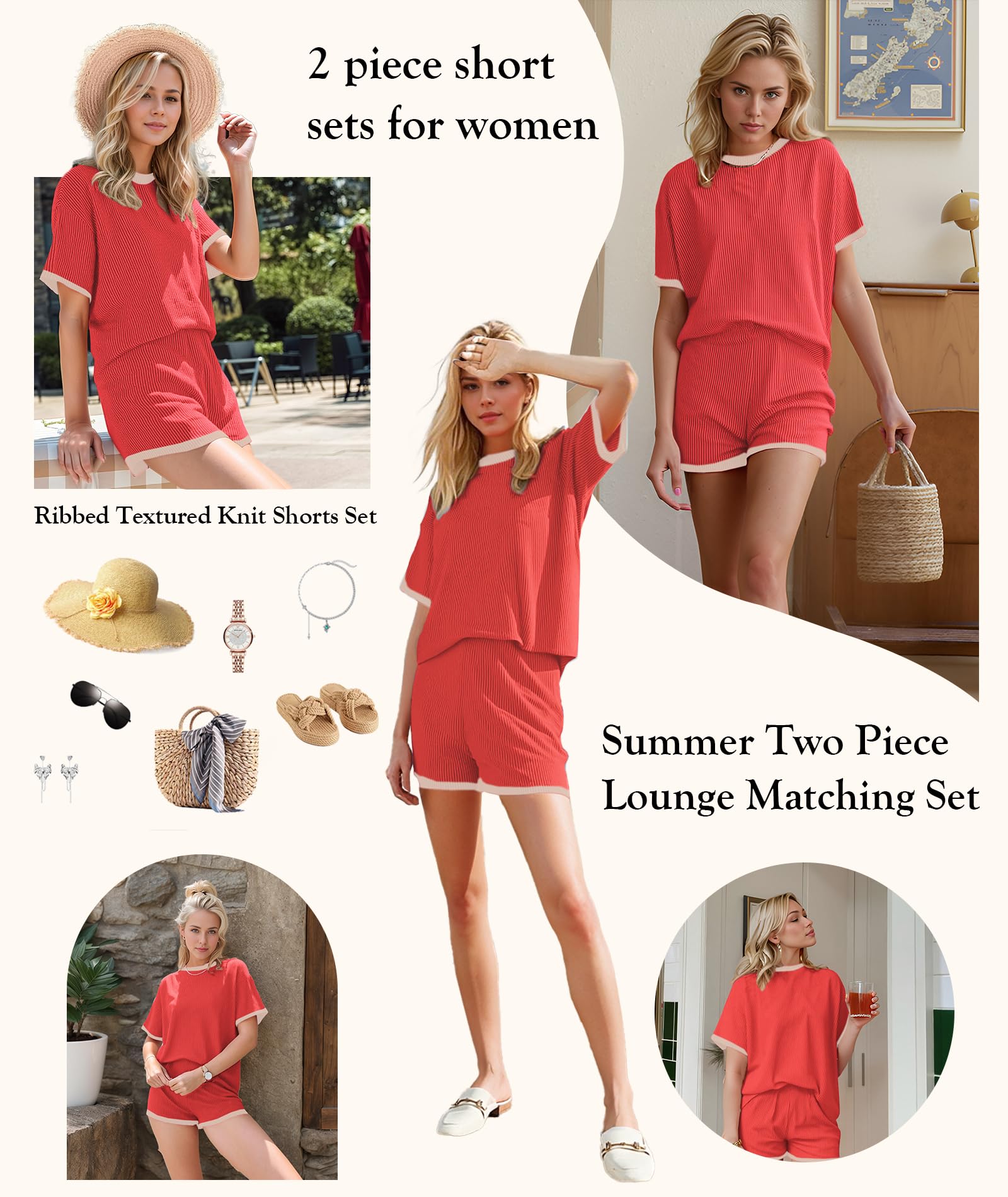 MARZXIN Women 2 Piece Shorts Set 2026 Casual Summer Cruise Outfits Ribbed Loose Short Sleeve Pocket Matching Lounge Sets - 2