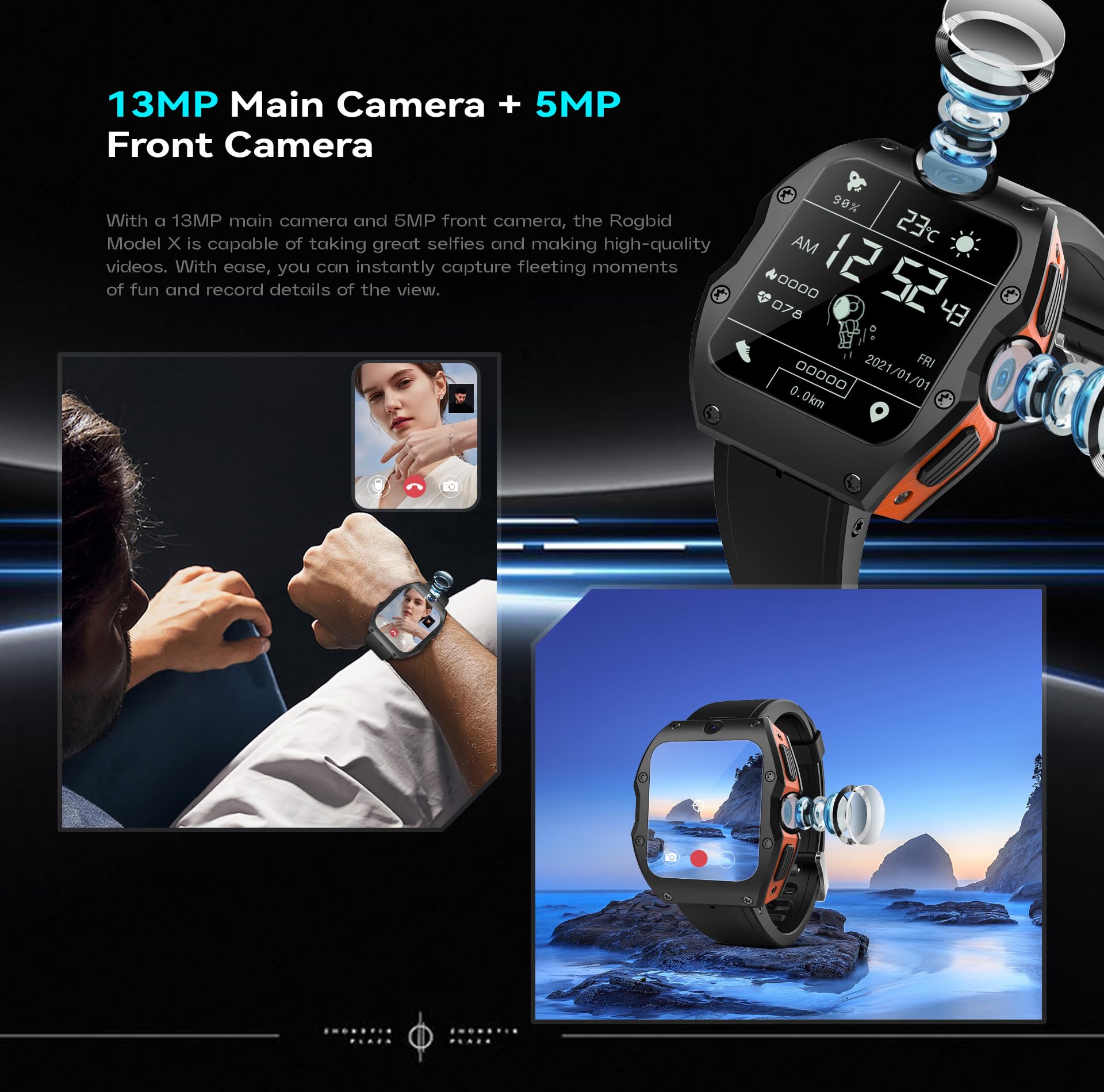 XJC001 4G LTE Android 9.0 Smartwatch 5.0MP 13.0MP Dual Camera 128GB Quad Core WIFI GPS Smart Watch (Nero RAM 4GB ROM 128GB)