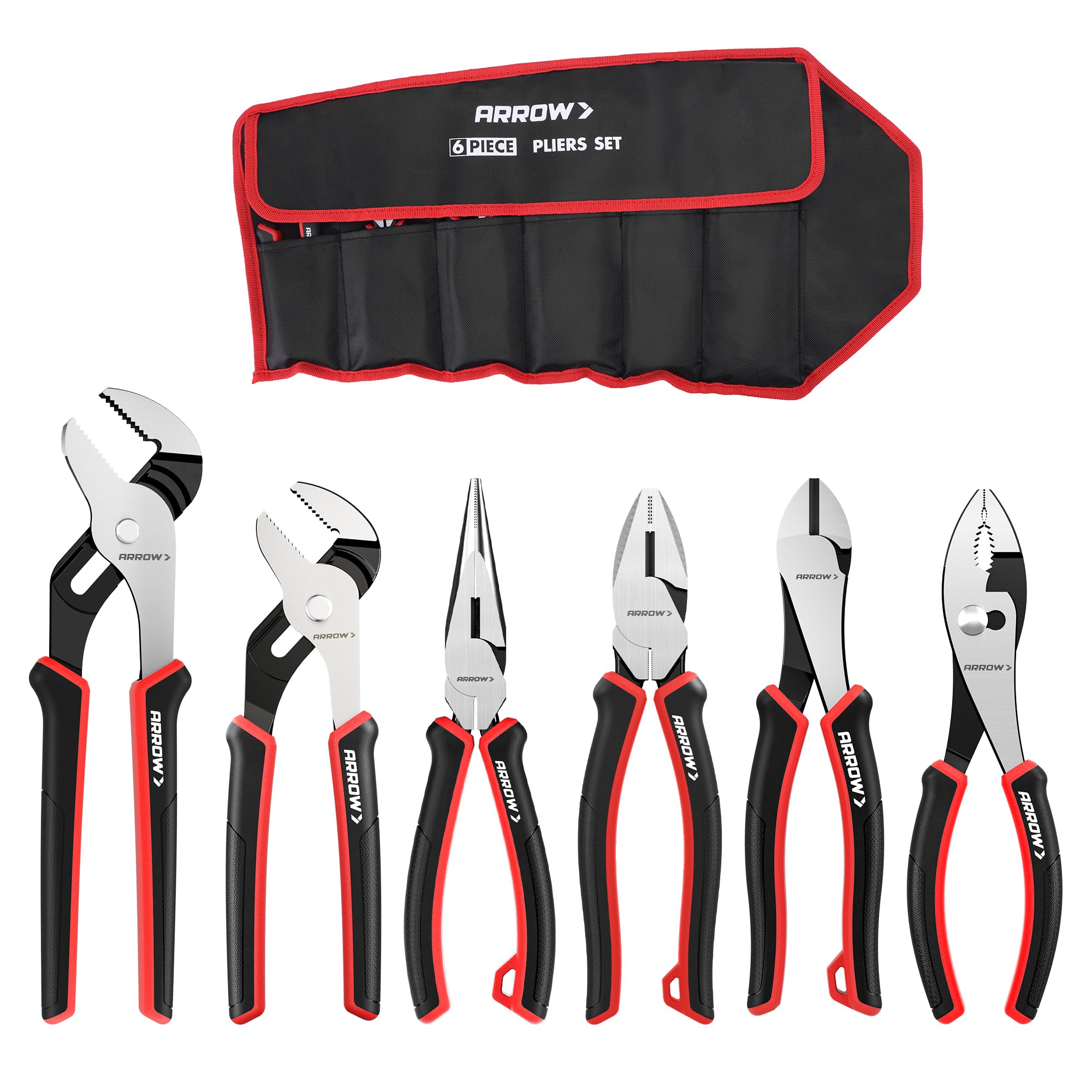 ARROW 6PCS Pliers Set, 8" Long Nose, Diagonal Cutting, Linesman, Slip Joint, 8" & 10" Groove Joint, Dual-Color Non-Slip Handle, Carbon Steel, for DIY,