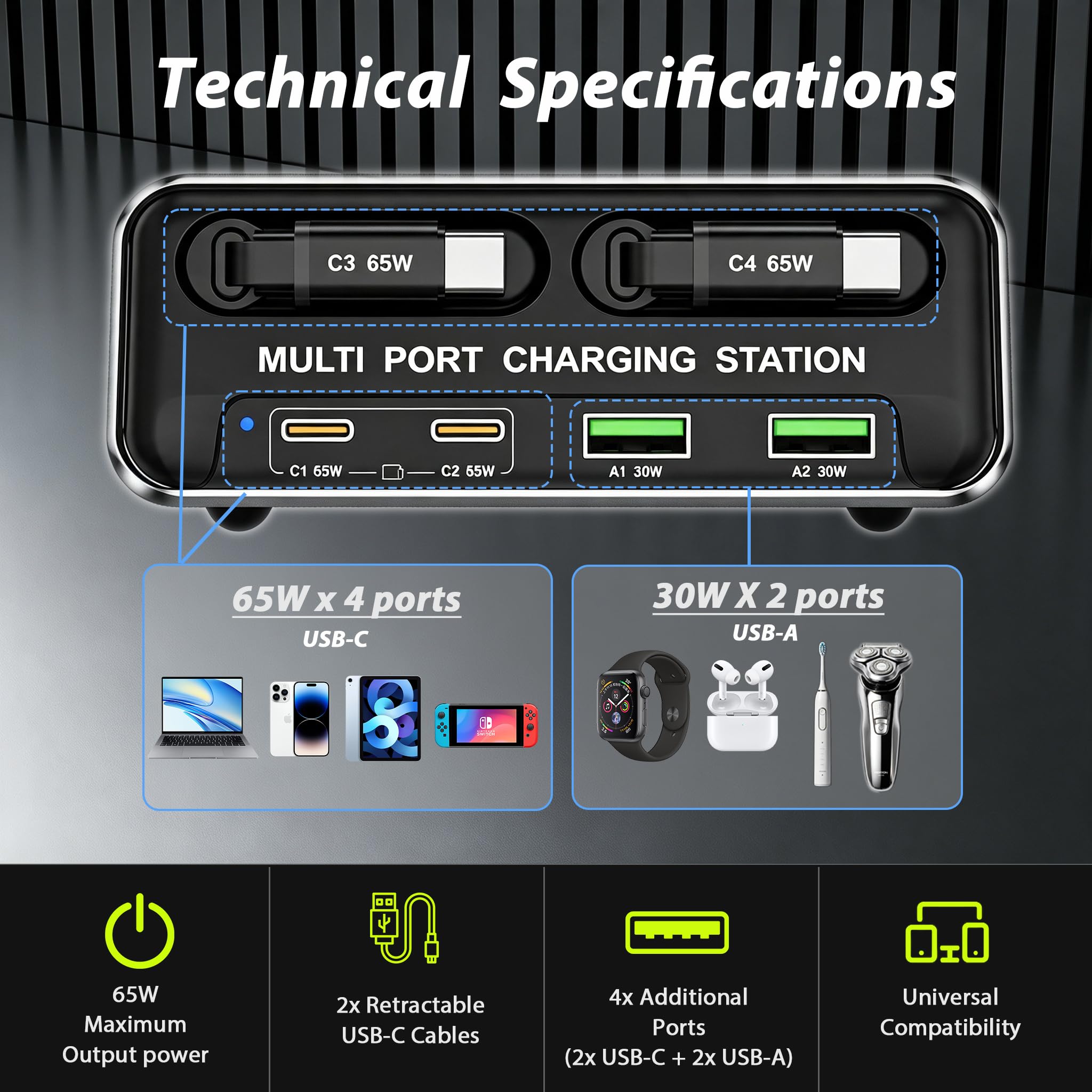 Stazione di ricarica GaN 6 in 1 per più dispositivi, caricabatterie rapido USB-C da 65 W con 2 cavi retrattili, piccola multi porta compatibile con MacBook/iPad/Phone 17/16/Samsung, design silenzioso