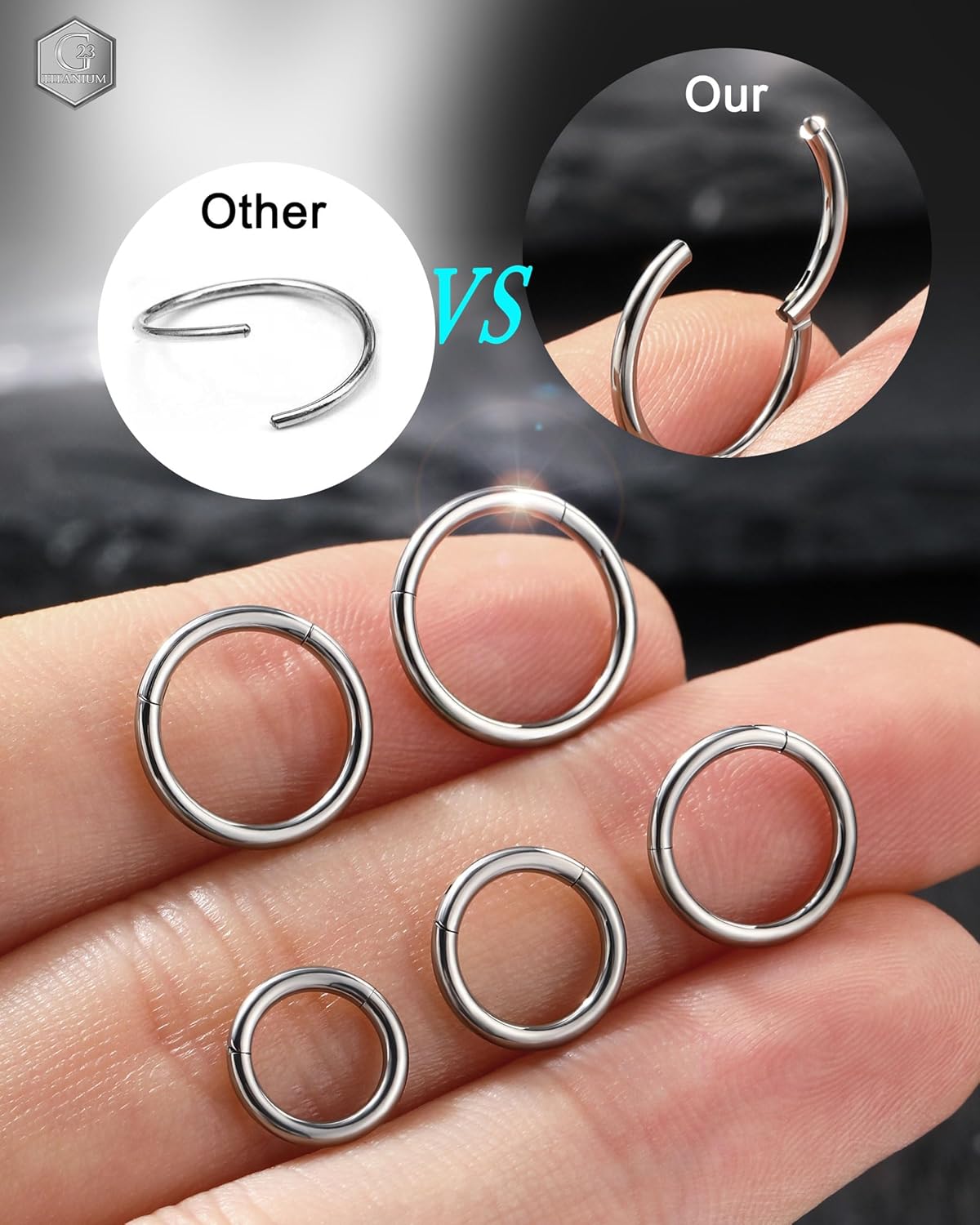 Jewseen 2PCS Titanium Nose Rings Hoops 16G/18G/20G Nose Ring for Women Hinged Clicker Nose Piercing Jewelry Septum Rings Surgical Steel Helix Daith Tragus Conch Hoop Earrings Cartilage Hoop for Women - Image 5