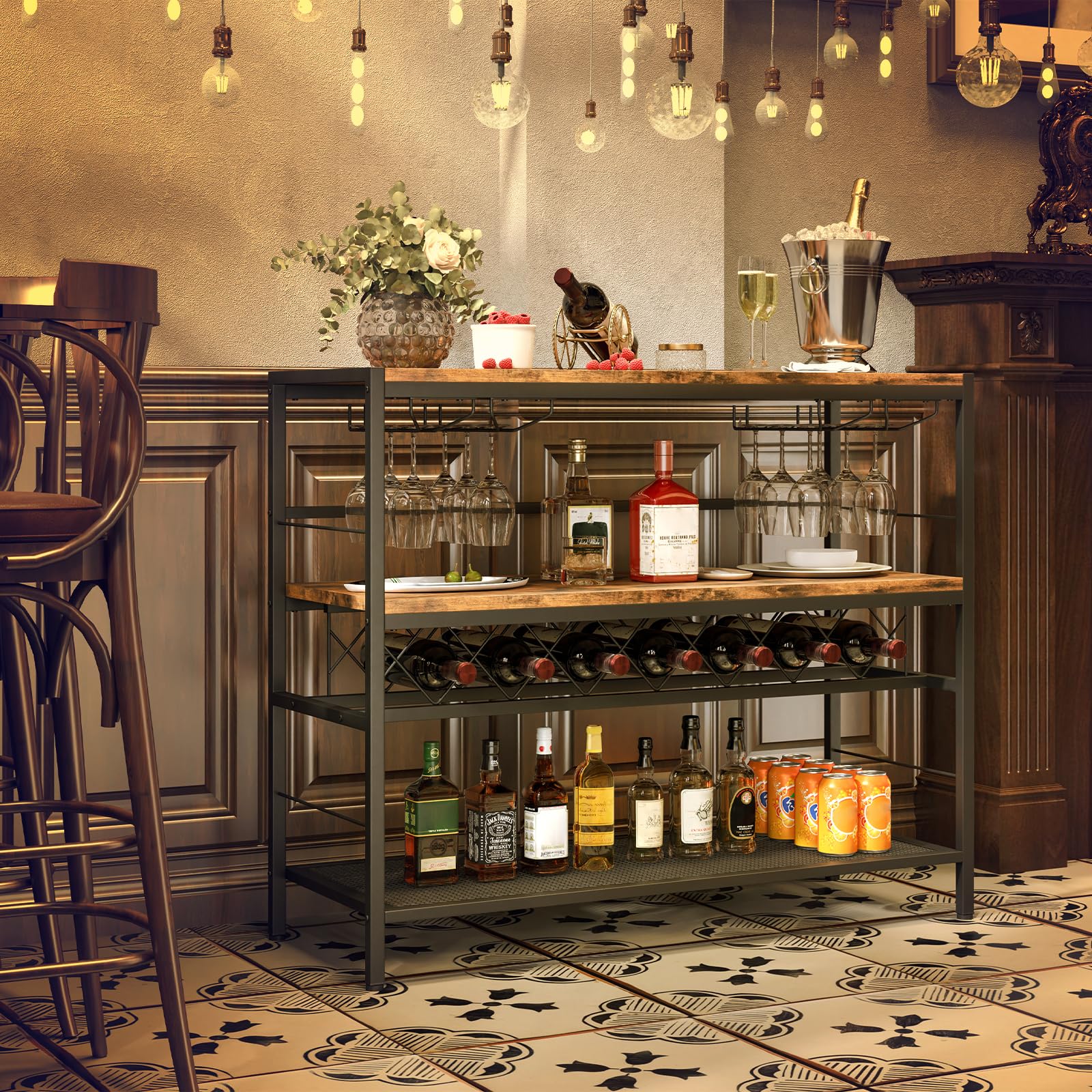 RELAX4LIFE Portabottiglie da Vino da 104 CM, Tavolo Bar per Vino con 4 Supporti per Bicchieri, Piano di Lavoro Ampio, Ripiani di Stoccaggio, Supporto per Bottiglie da Vino per Cucina, Soggiorno