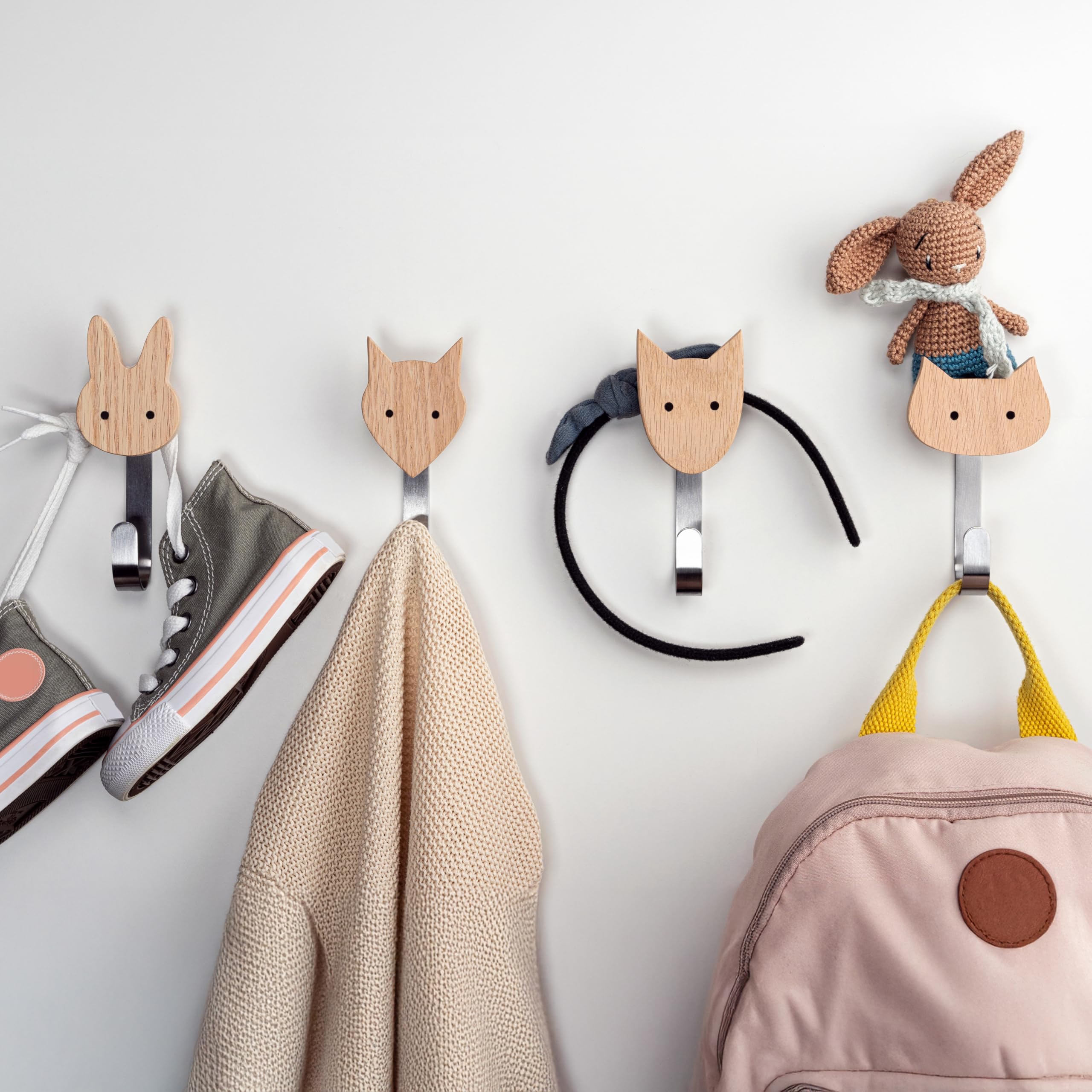 Lot de 4 patères mural en bois pour enfant avec motifs d'animaux - Porte-manteau mural pour enfant